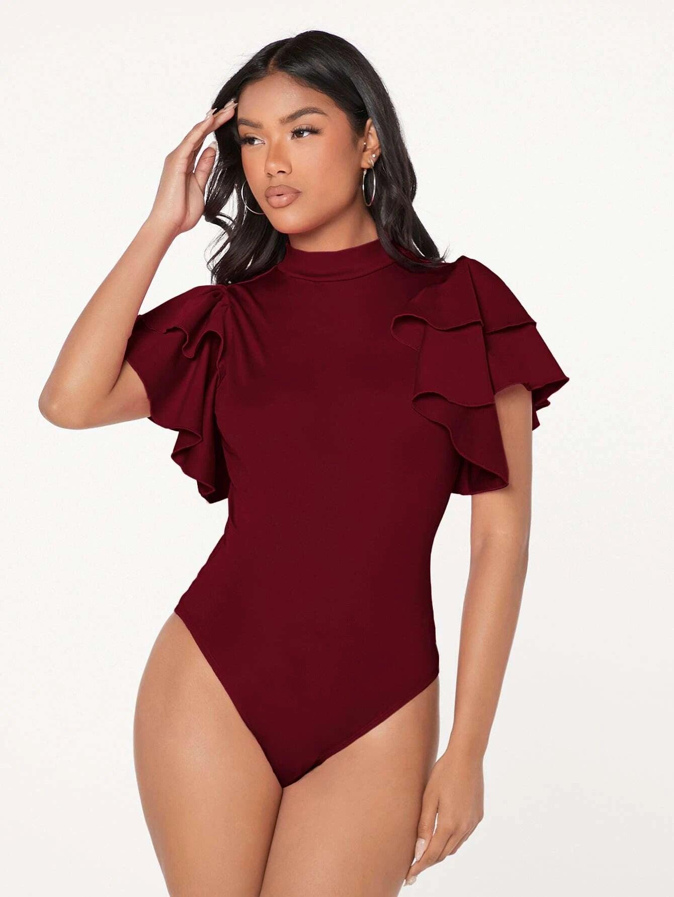 Mock-neck Layered Exaggerate Butterfly Sleeve Fitted Bodysuit-Comfy Jumpsuits