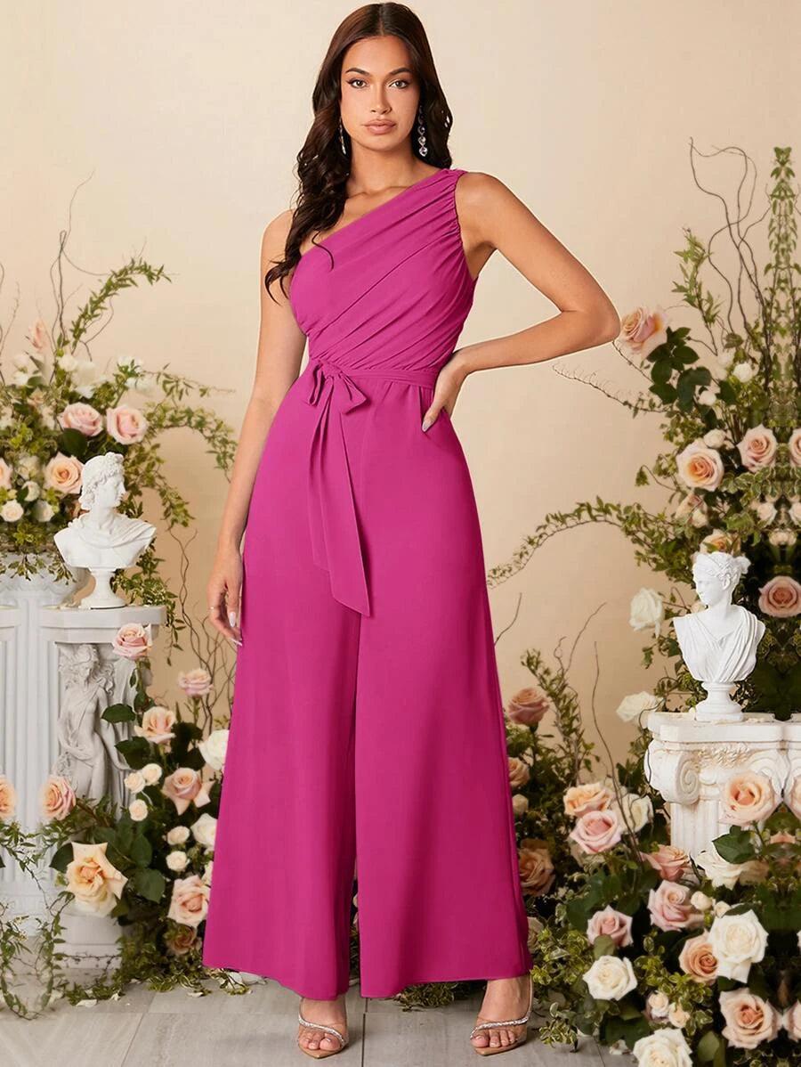 One Shoulder Ruched Wide Leg Flared Jumpsuit-Comfy Jumpsuits