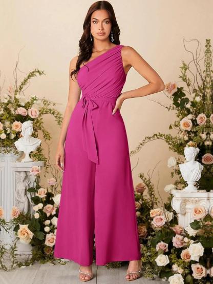 One Shoulder Ruched Wide Leg Flared Jumpsuit-Comfy Jumpsuits
