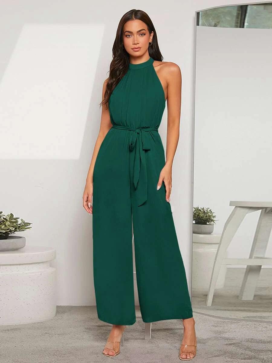 Cut Out Back Belted Halter Jumpsuit-Comfy Jumpsuits