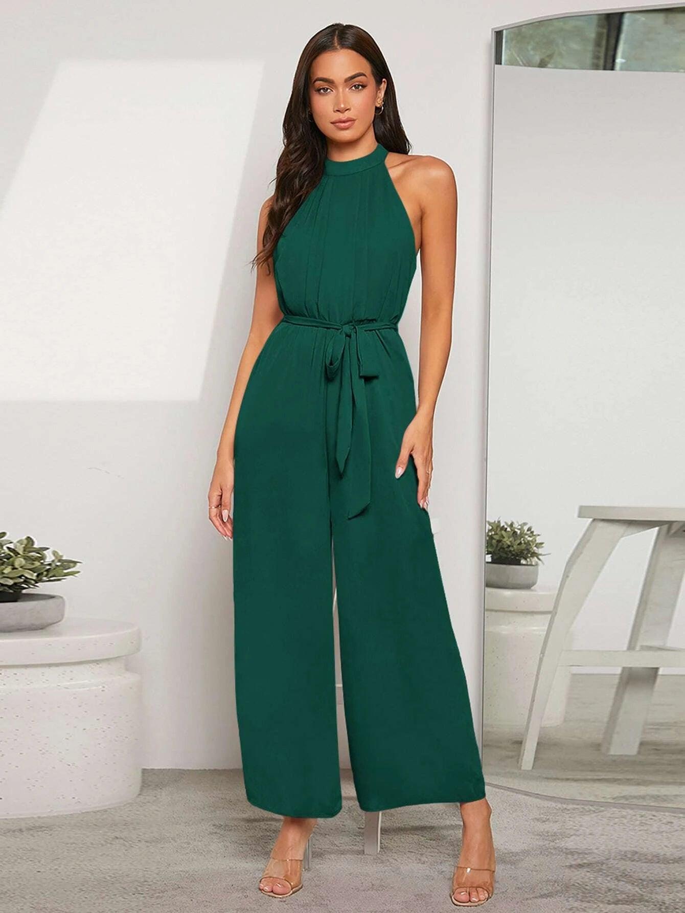 Solid Coloured Halter Neck Jumpsuit-Comfy Jumpsuits