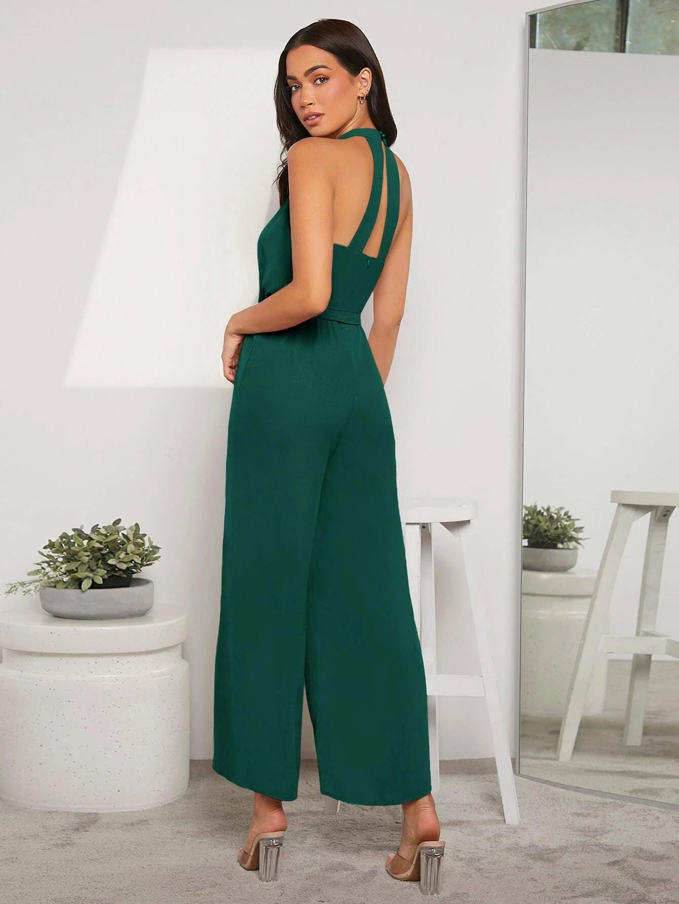 Solid Coloured Halter Neck Jumpsuit-Comfy Jumpsuits