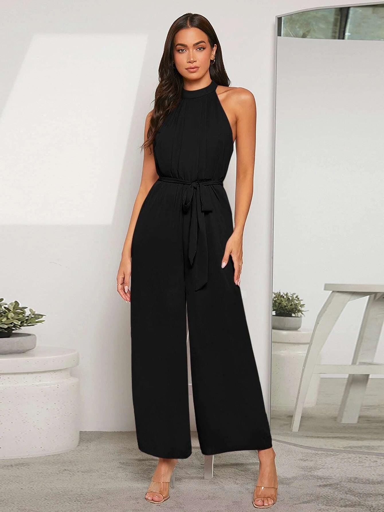 Solid Coloured Halter Neck Jumpsuit-Comfy Jumpsuits