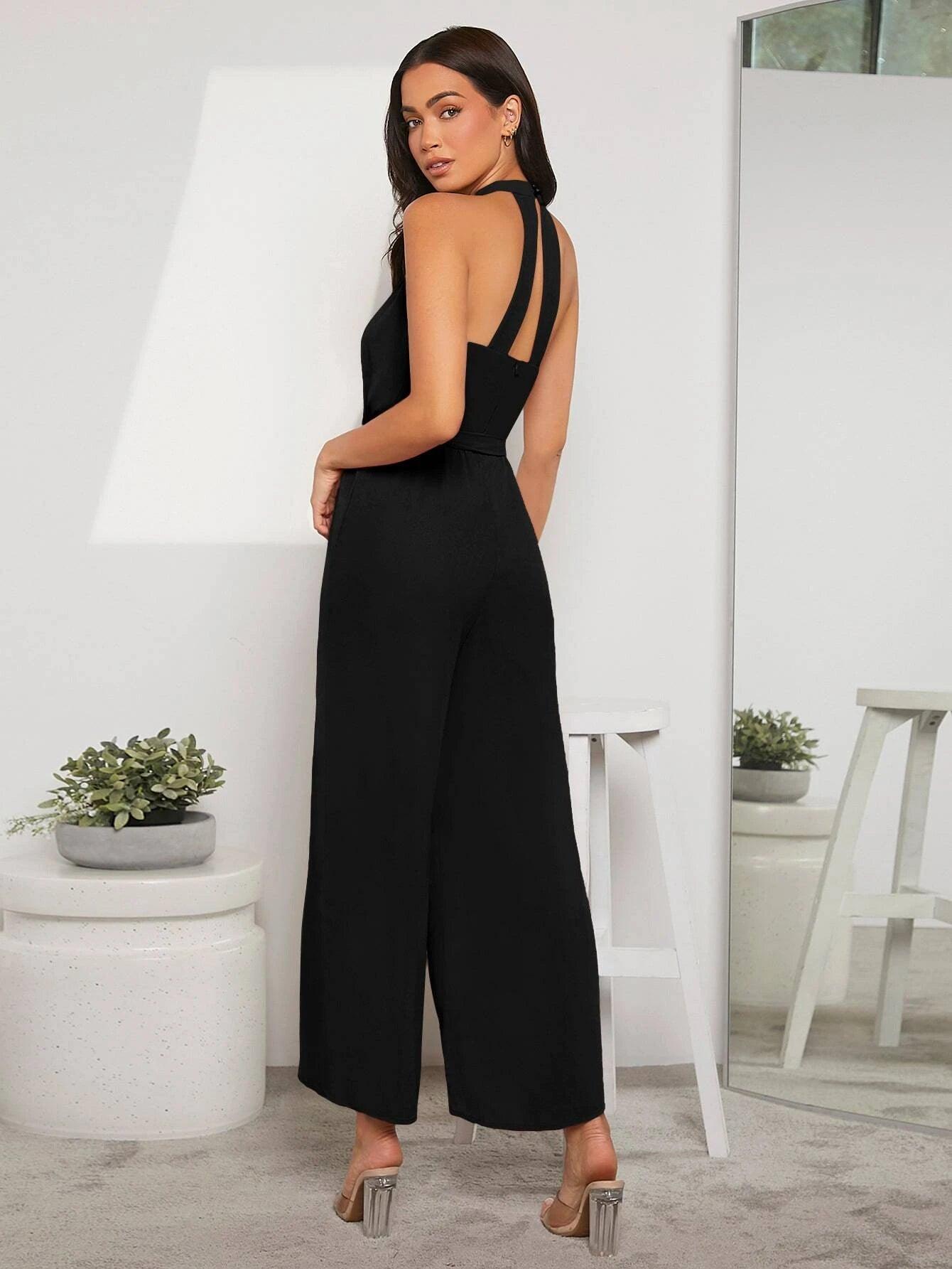 Solid Coloured Halter Neck Jumpsuit-Comfy Jumpsuits