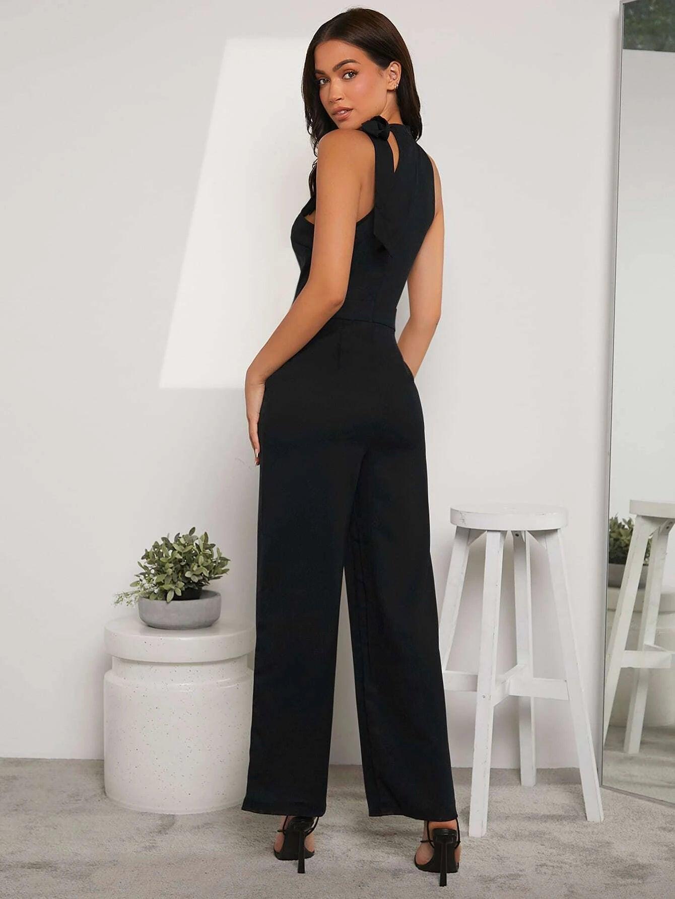 Tie Neck Pocket Detail Sleeveless Jumpsuit-Comfy Jumpsuits