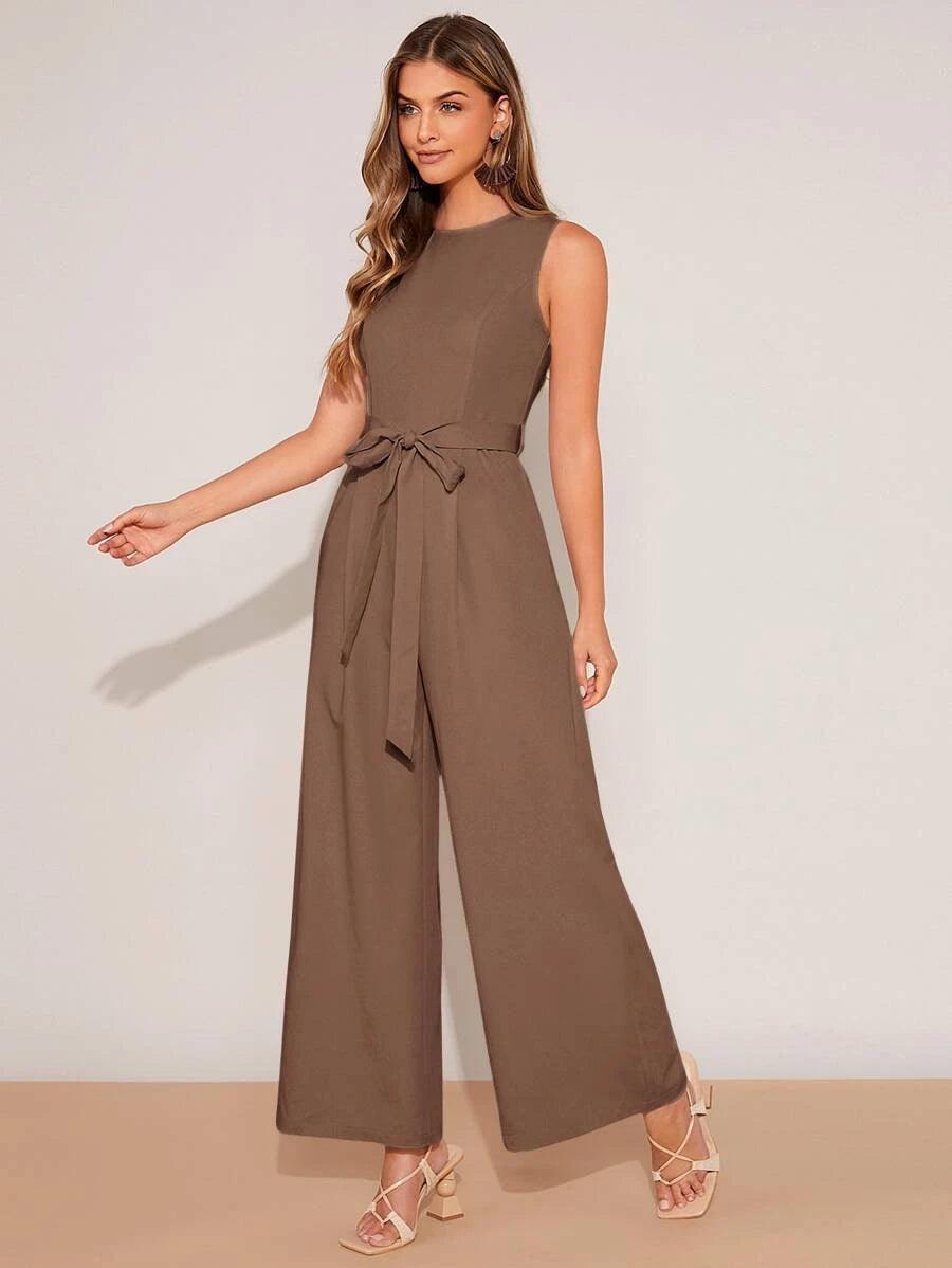 Plicated Detail Wide Leg Belted Jumpsuit-Comfy Jumpsuits