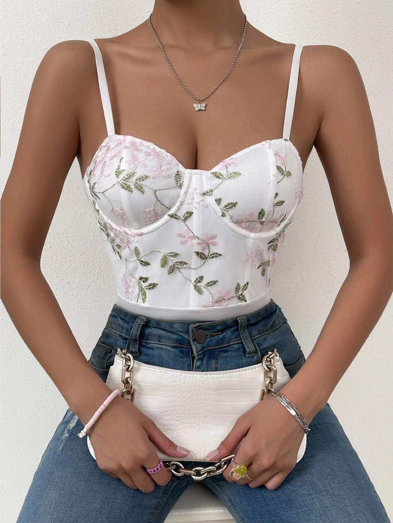 Floral Embroidery Cami Bodysuit-Comfy Jumpsuits