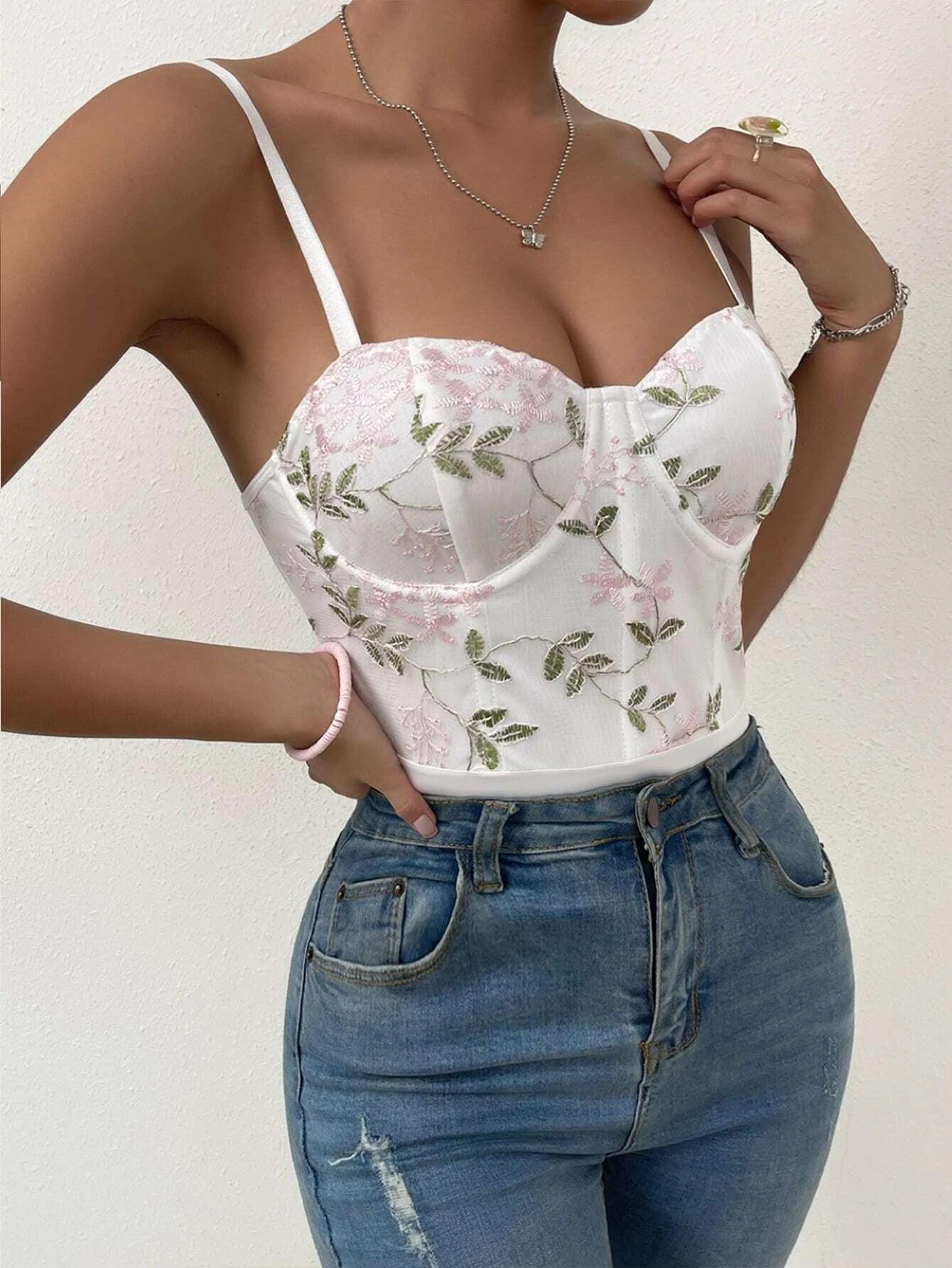 Floral Embroidery Cami Bodysuit-Comfy Jumpsuits