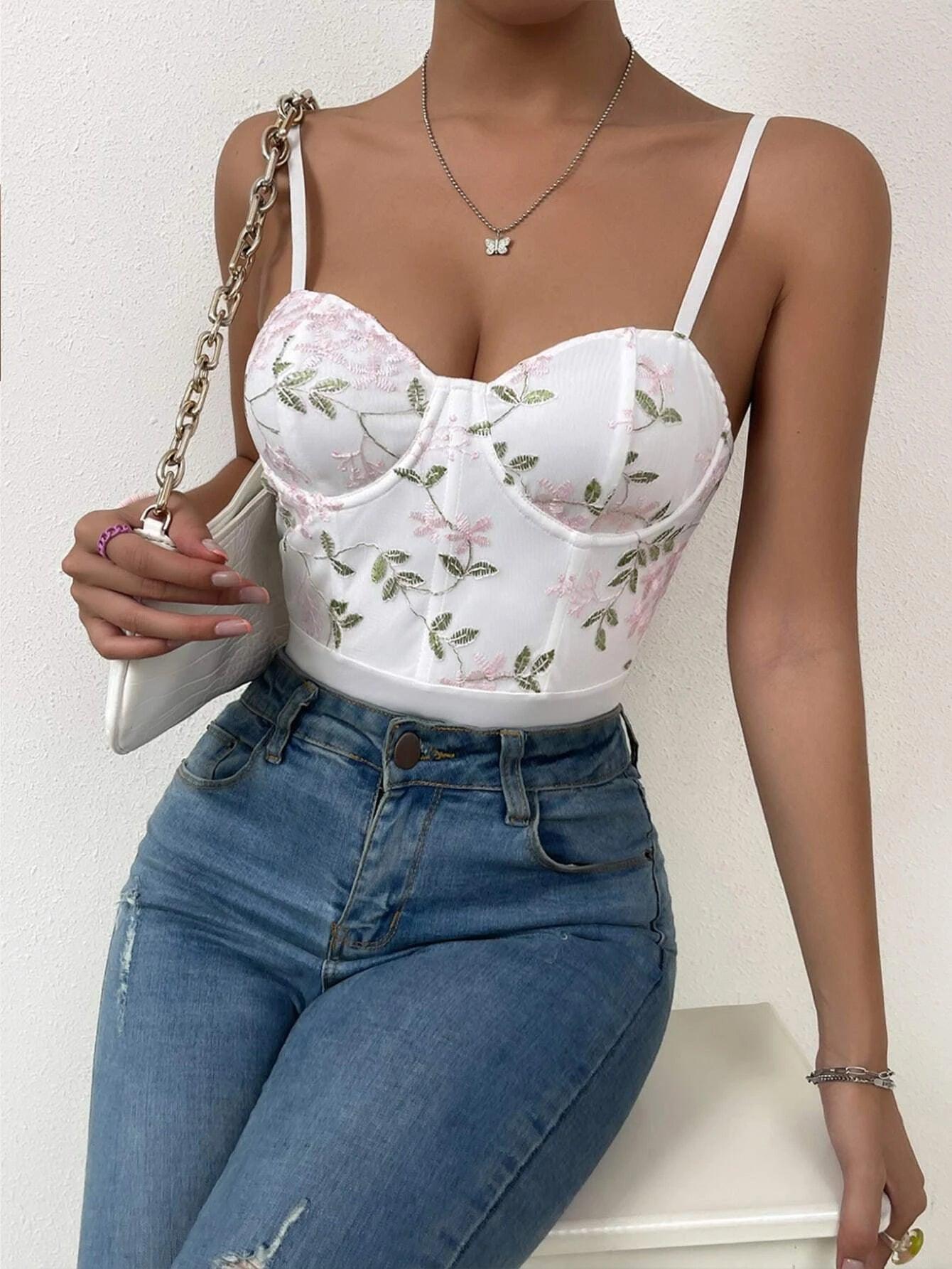 Floral Embroidery Cami Bodysuit-Comfy Jumpsuits