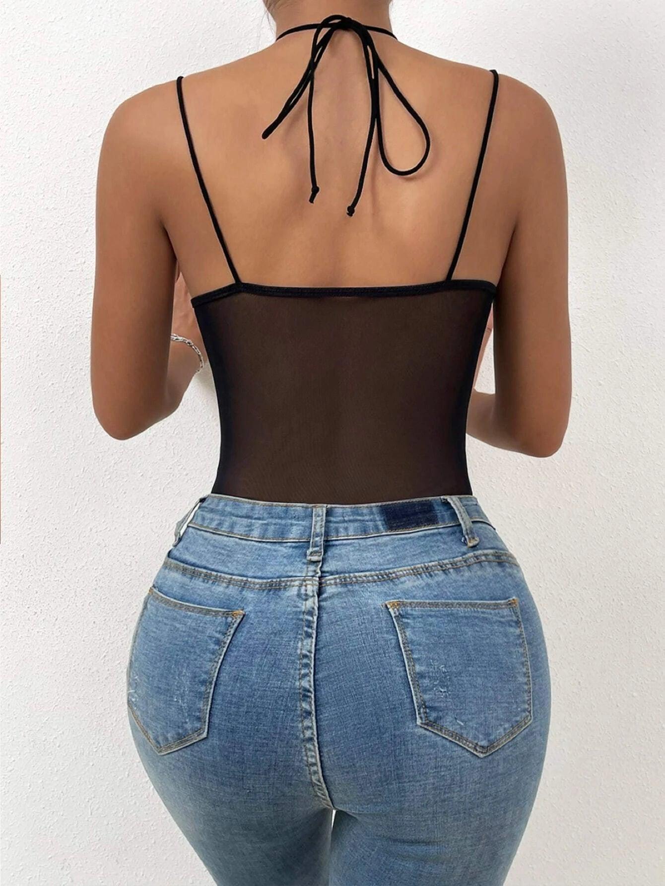 Sleeveless Slim Fit Mesh Fabric Bodysuit-Comfy Jumpsuits