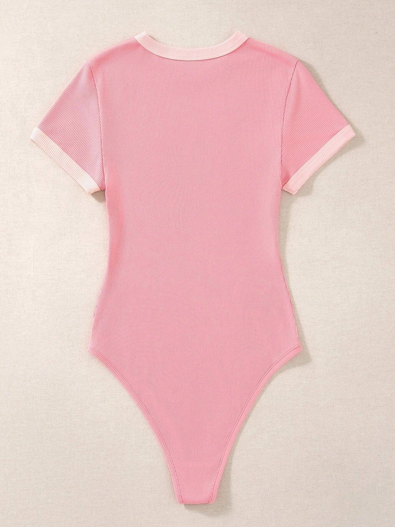 Slogan Graphic Contrast Trim Bodysuit-Comfy Jumpsuits