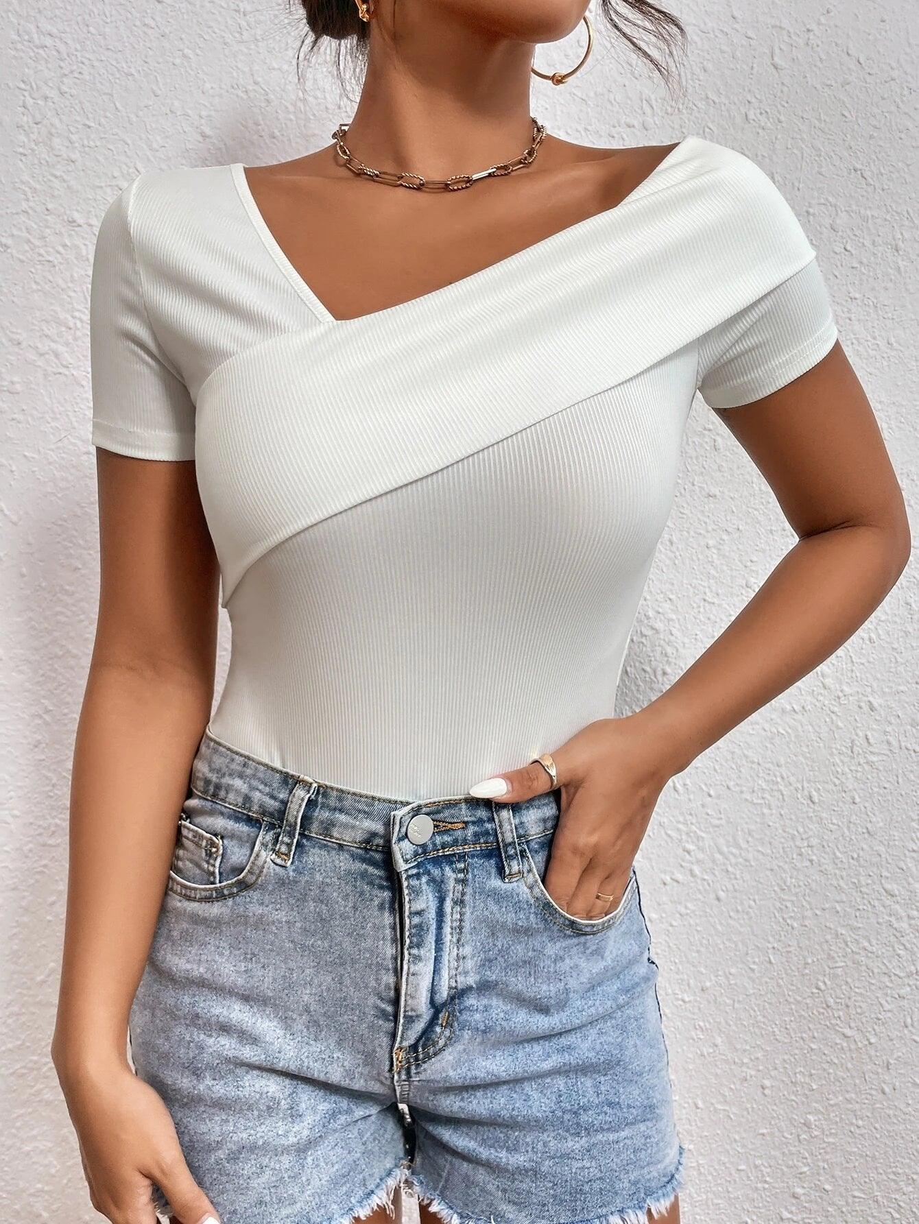 Asymmetrical Neck Rib-knit Bodysuit-Comfy Jumpsuits