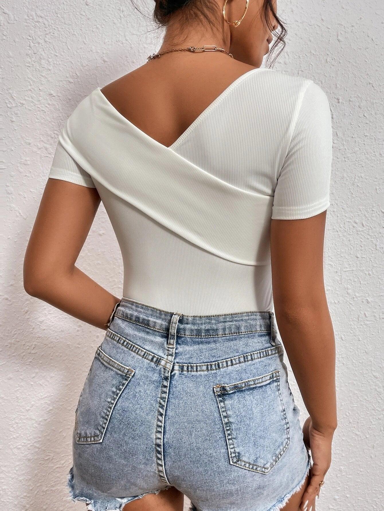 Asymmetrical Neck Rib-knit Bodysuit-Comfy Jumpsuits