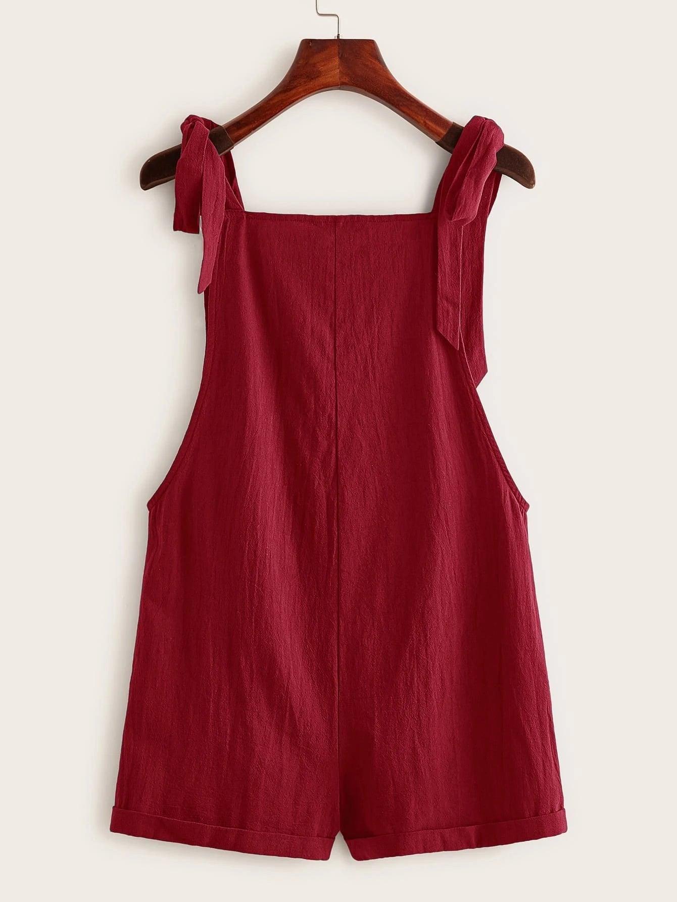 Knot Strap Pocket Patched Pinafore Romper-Comfy Jumpsuits