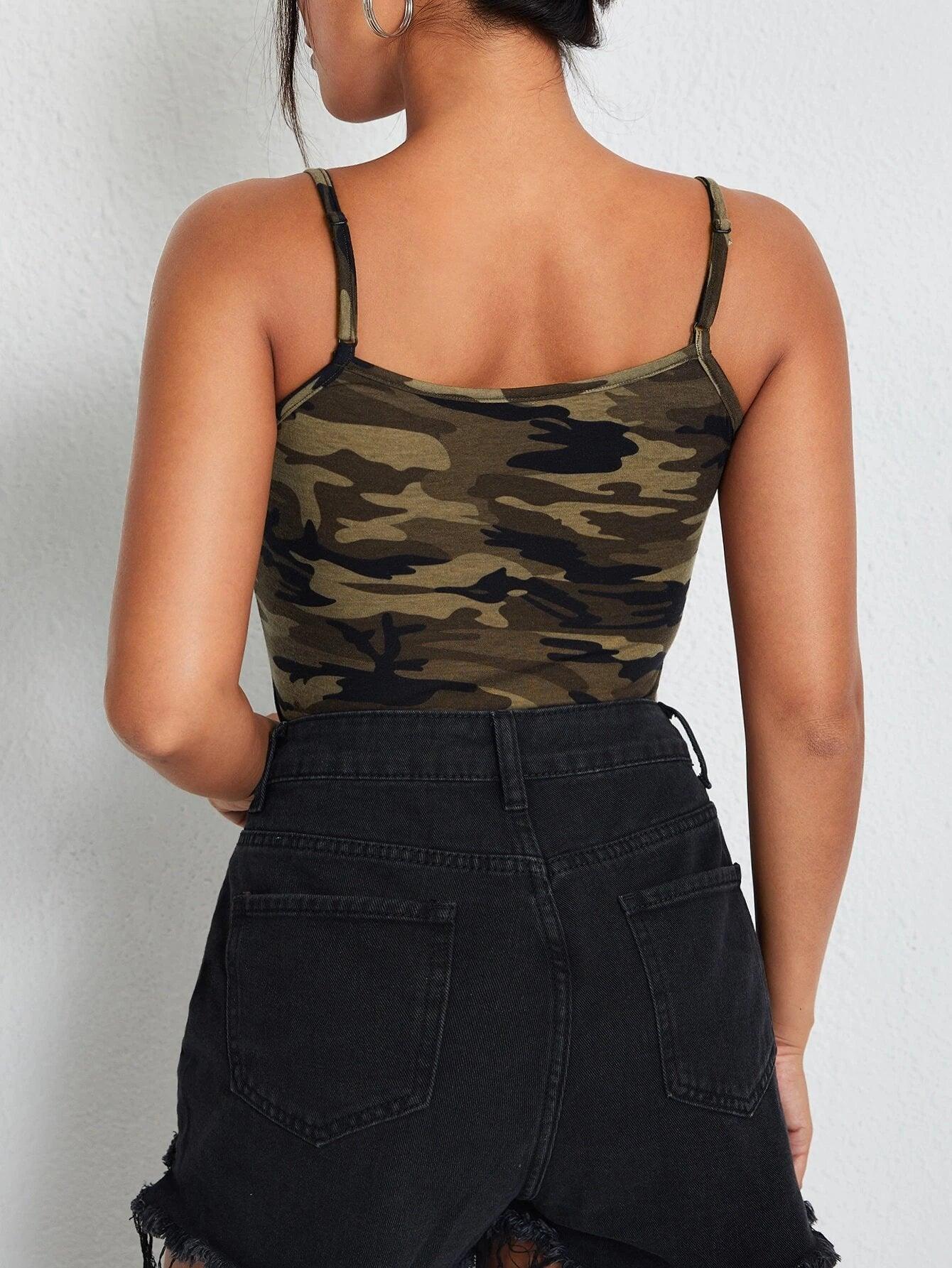 Camo Print Cami Bodysuit-Comfy Jumpsuits