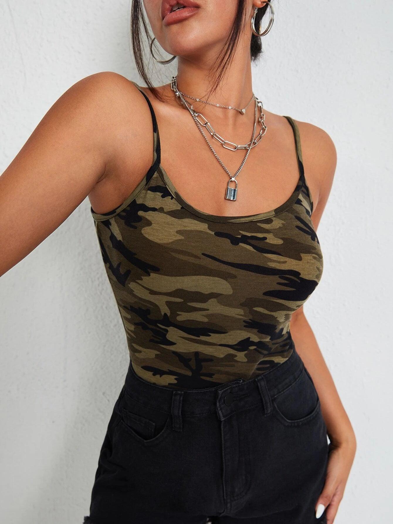 Camo Print Cami Bodysuit-Comfy Jumpsuits