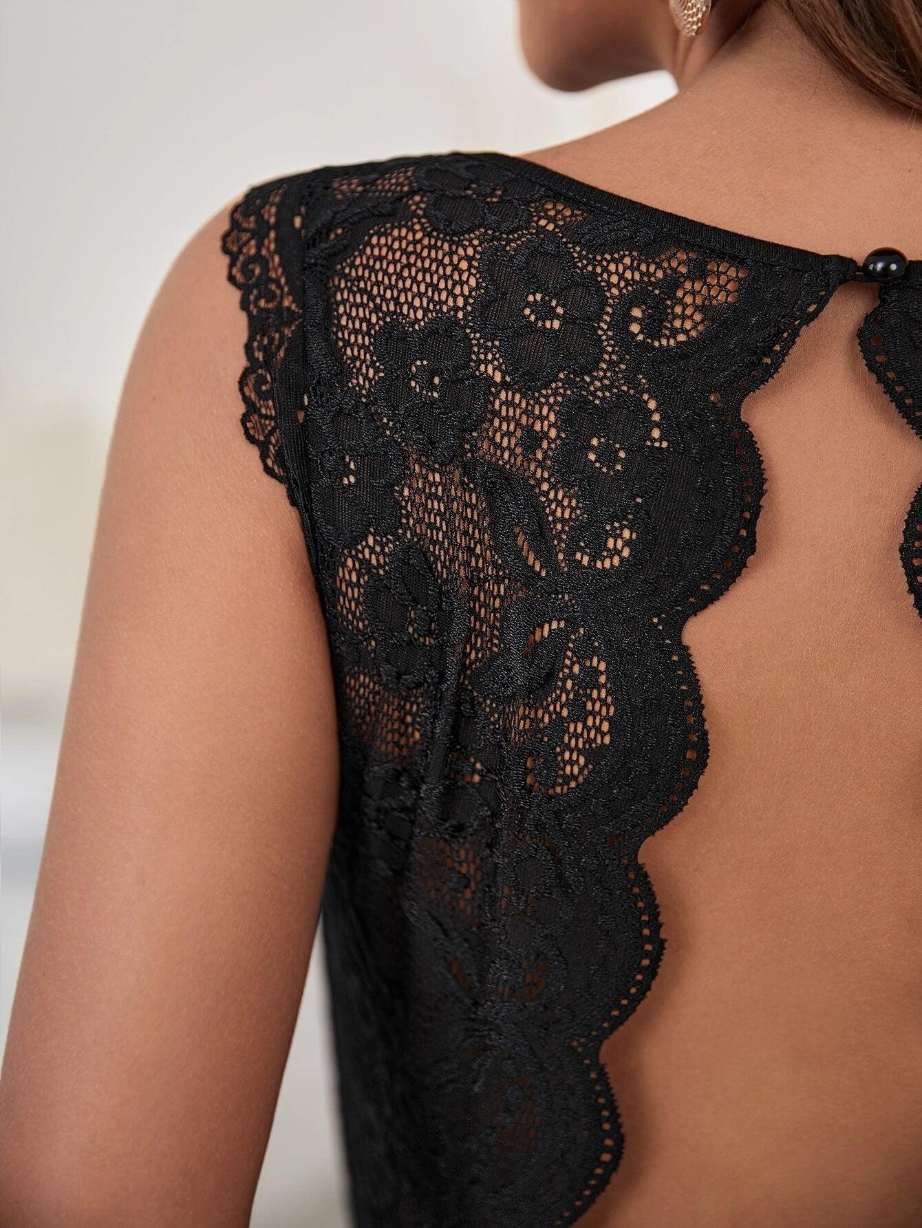 Contrast Lace Backless Scallop Trim Tank Bodysuit-Comfy Jumpsuits