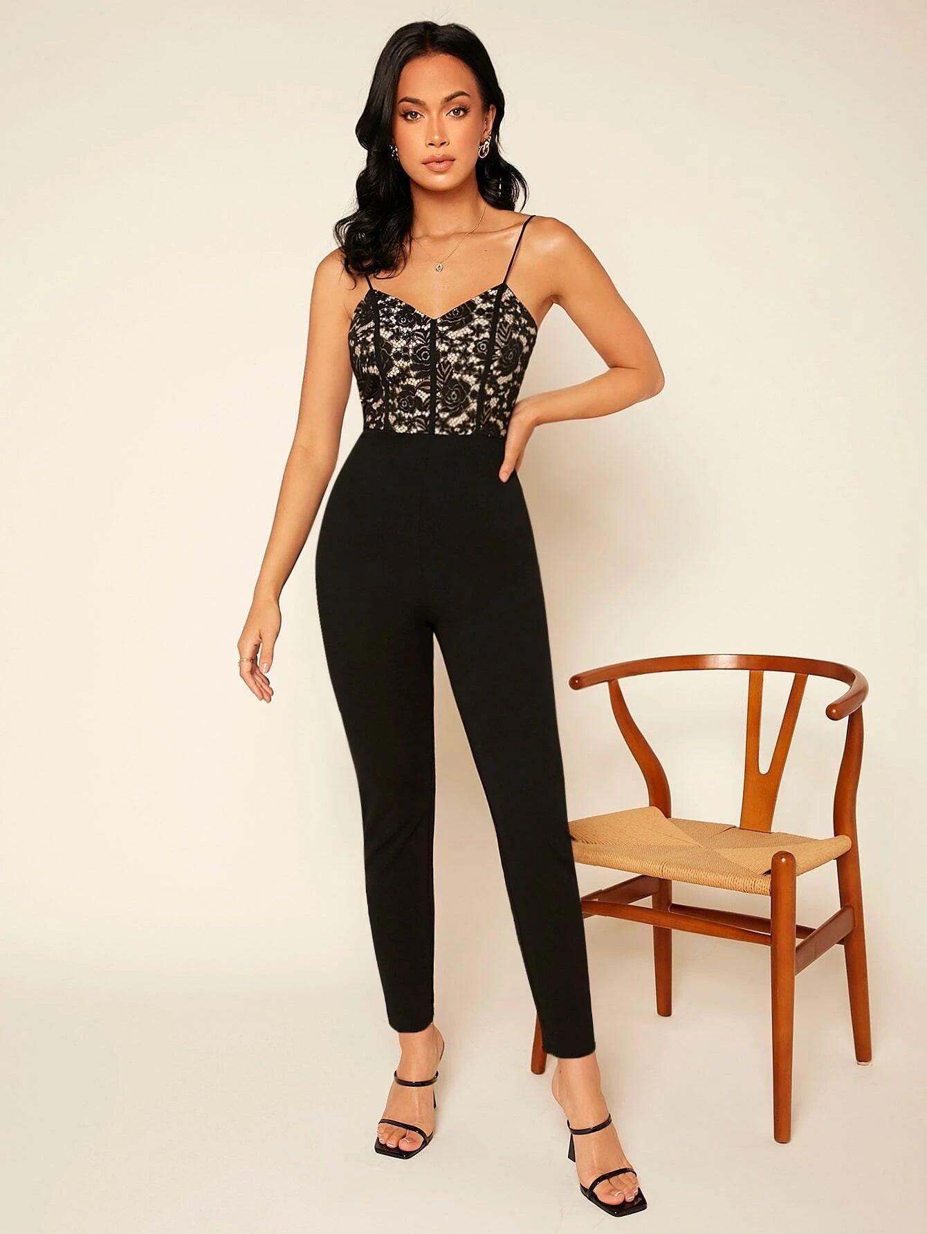Contrast Lace Unitard Cami Jumpsuit-Comfy Jumpsuits