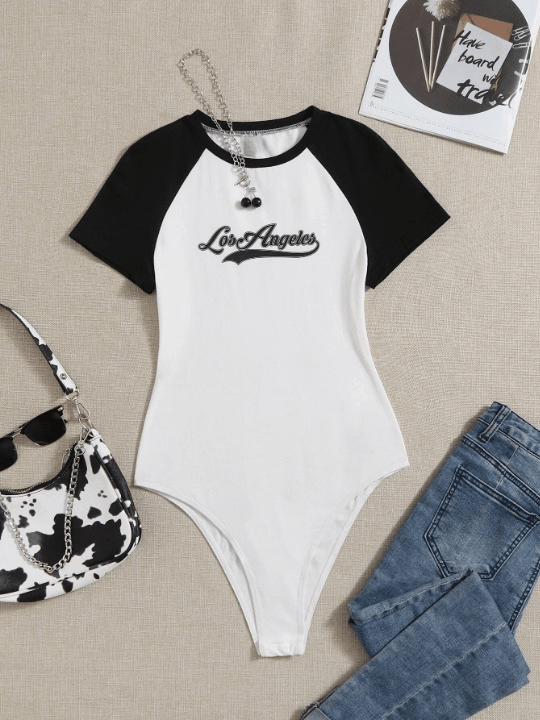 Letter Graphic Contrast Raglan Sleeve Bodysuit-Comfy Jumpsuits