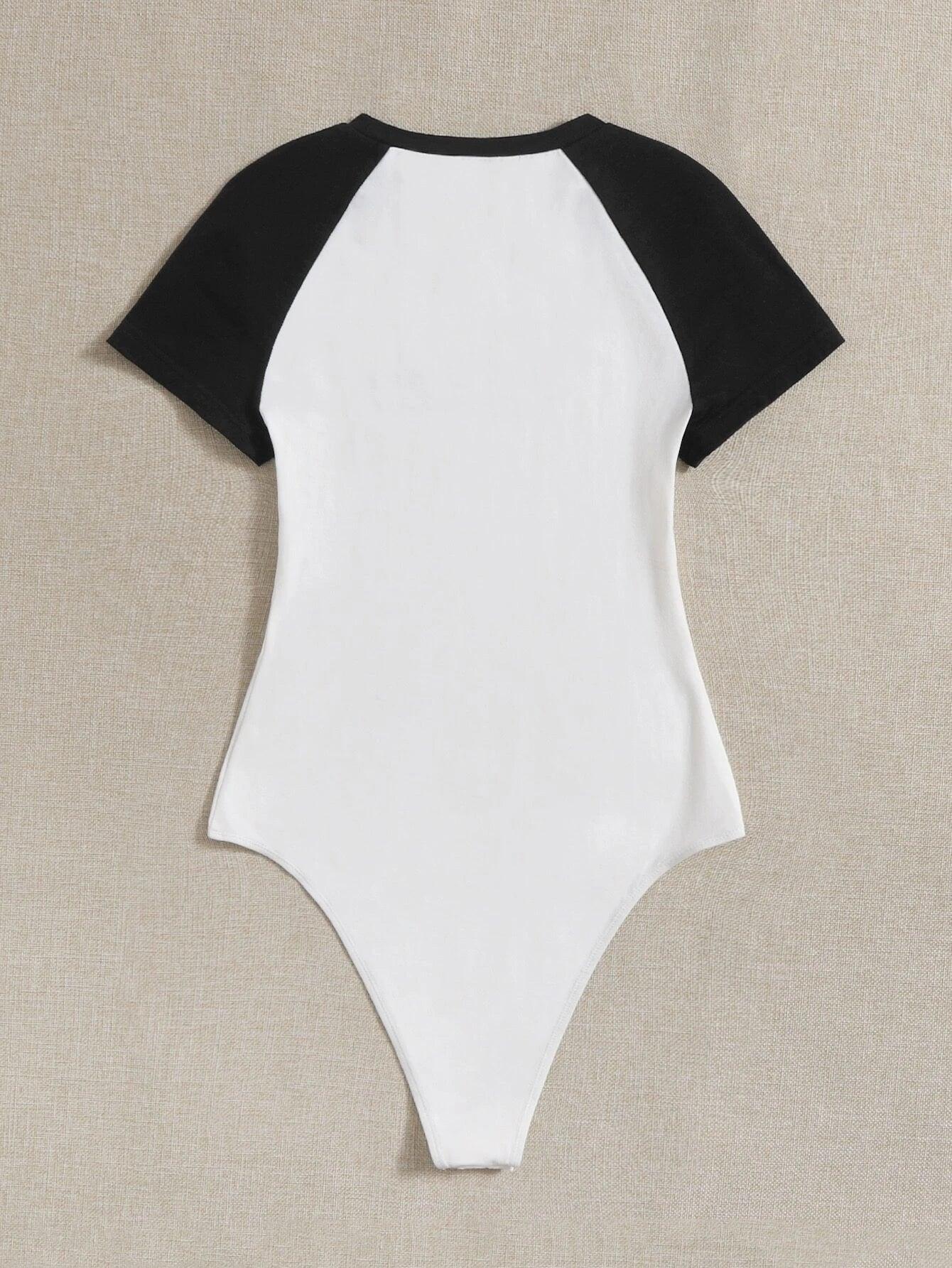 Letter Graphic Contrast Raglan Sleeve Bodysuit-Comfy Jumpsuits