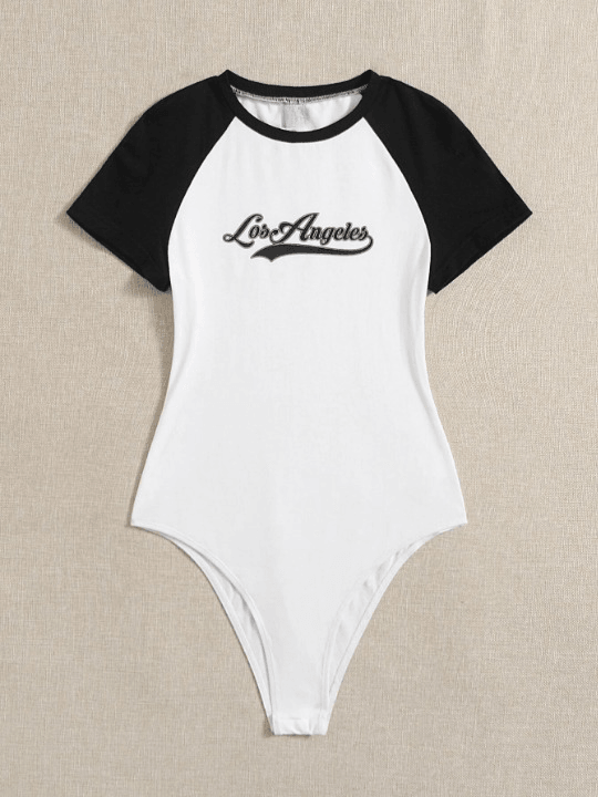 Letter Graphic Contrast Raglan Sleeve Bodysuit-Comfy Jumpsuits