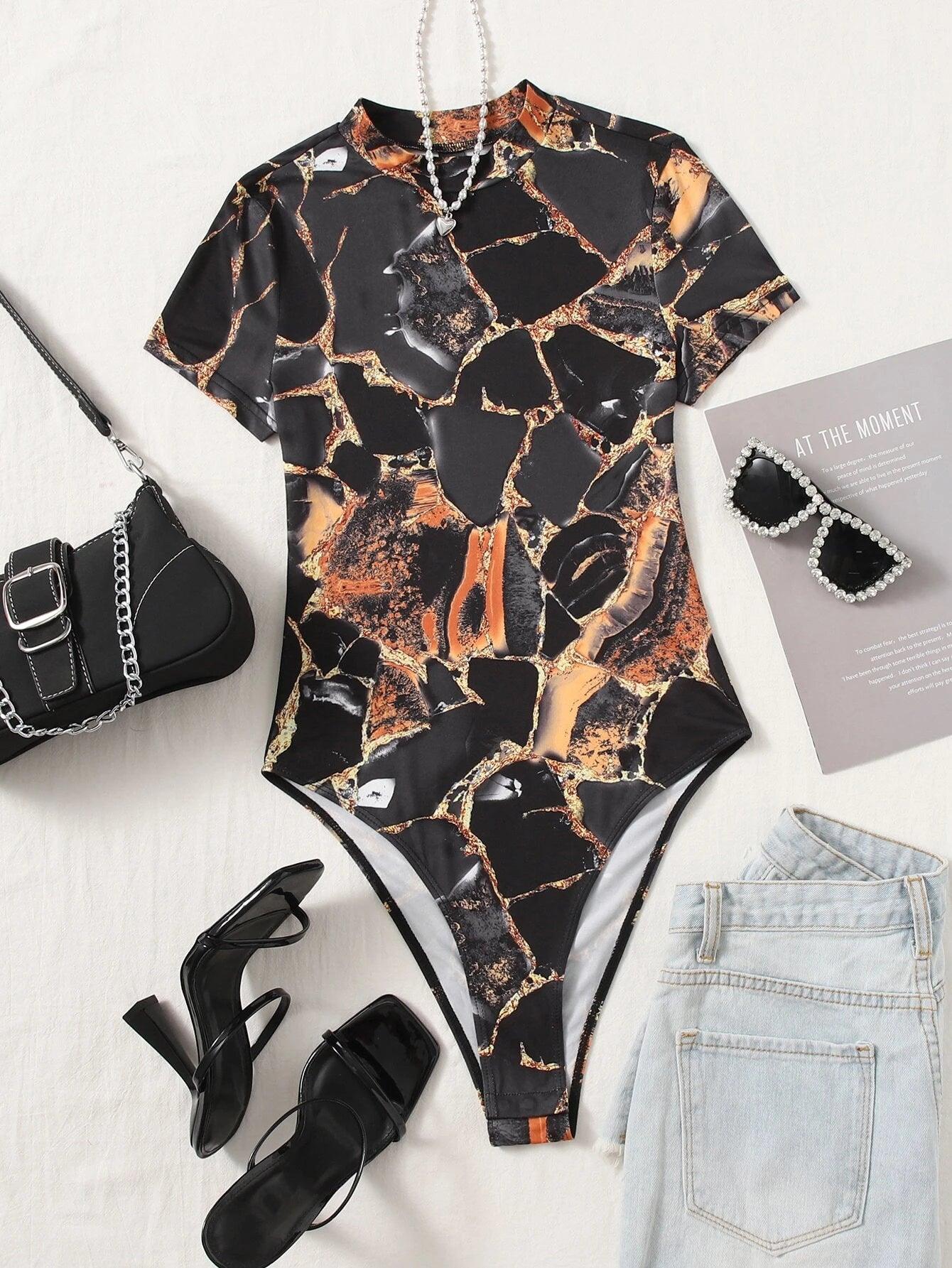 Marble Print Bodysuit-Comfy Jumpsuits
