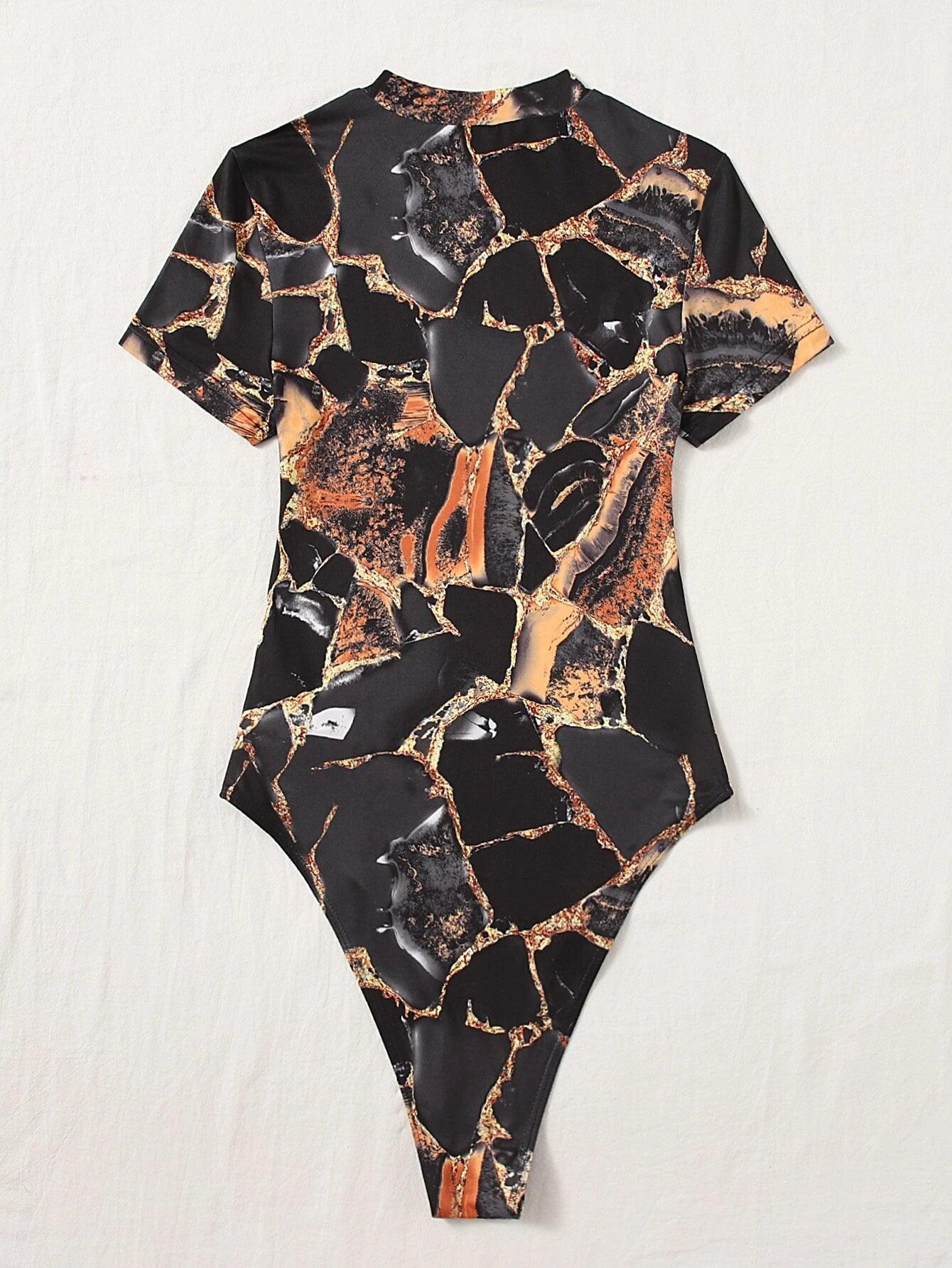 Marble Print Bodysuit-Comfy Jumpsuits
