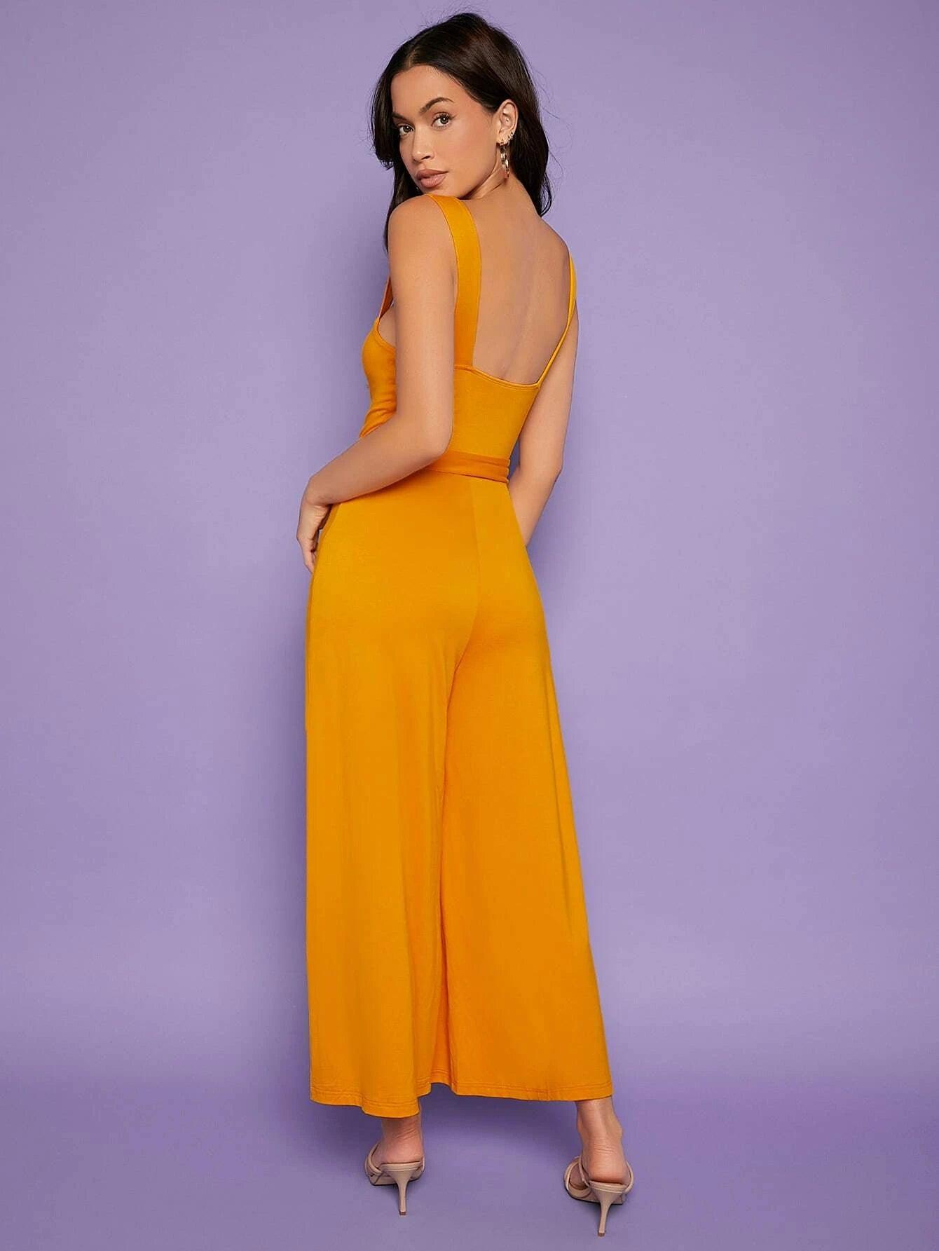 Natural Waist Line Belted Cami Jumpsuit-Comfy Jumpsuits