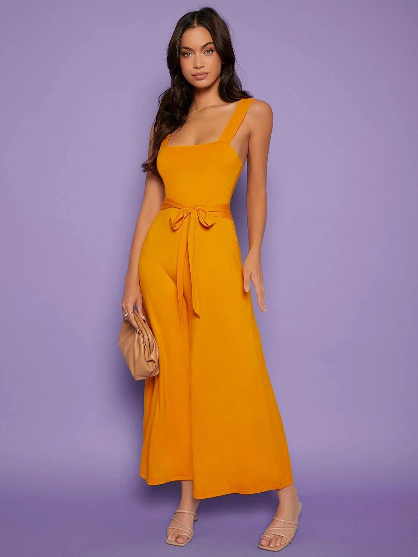 Natural Waist Line Belted Cami Jumpsuit-Comfy Jumpsuits