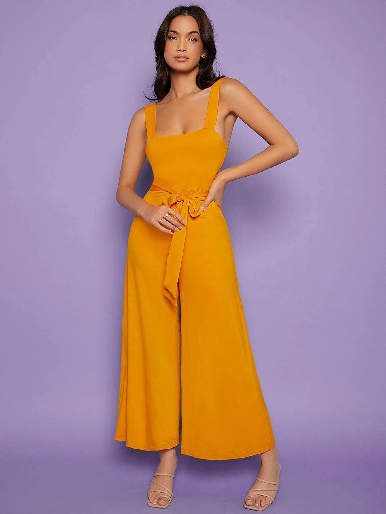 Natural Waist Line Belted Cami Jumpsuit-Comfy Jumpsuits