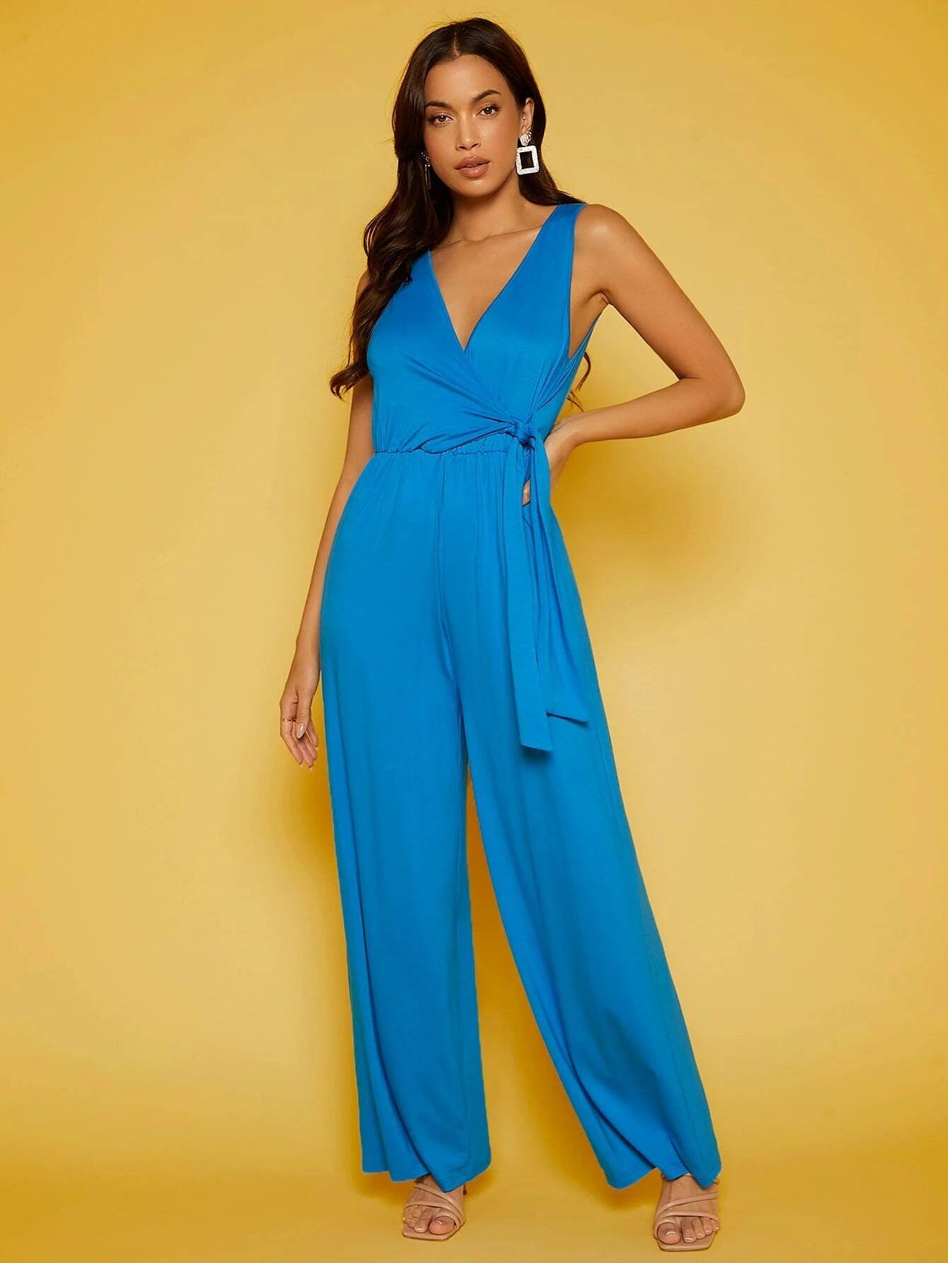 V Neck Knot Side Jumpsuit-Comfy Jumpsuits