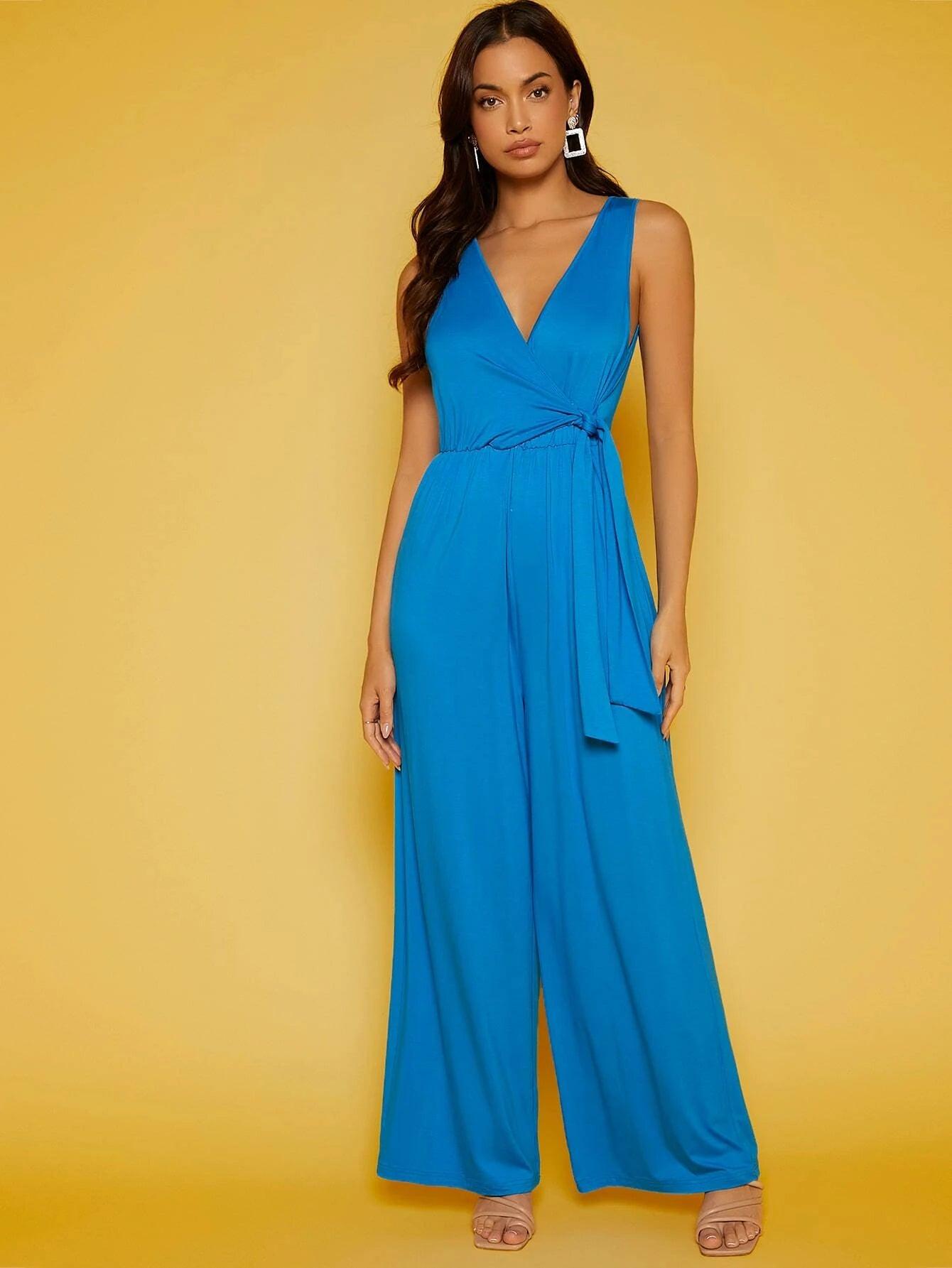 V Neck Knot Side Jumpsuit-Comfy Jumpsuits