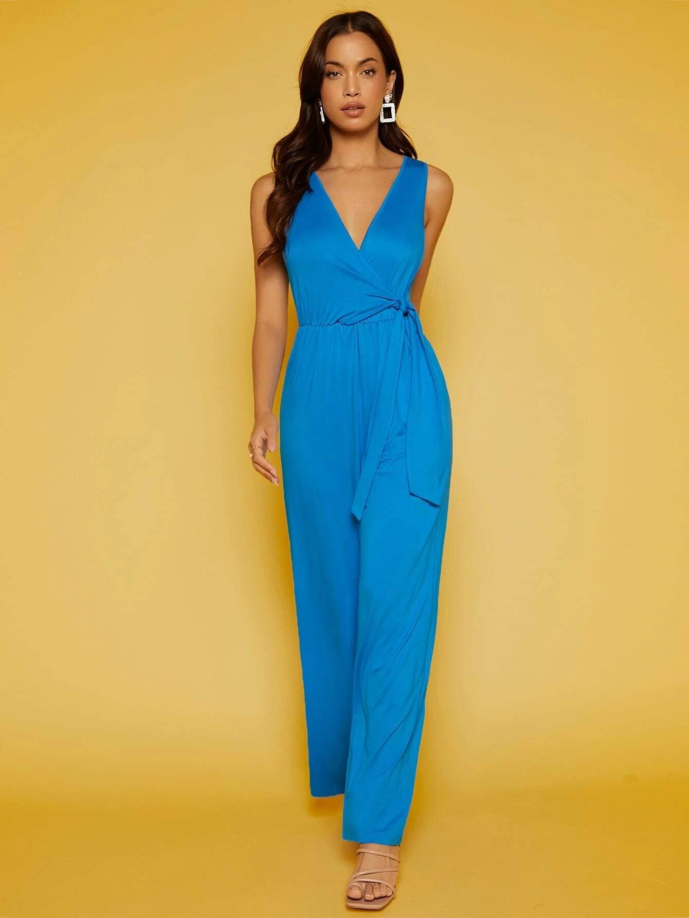 V Neck Knot Side Jumpsuit-Comfy Jumpsuits