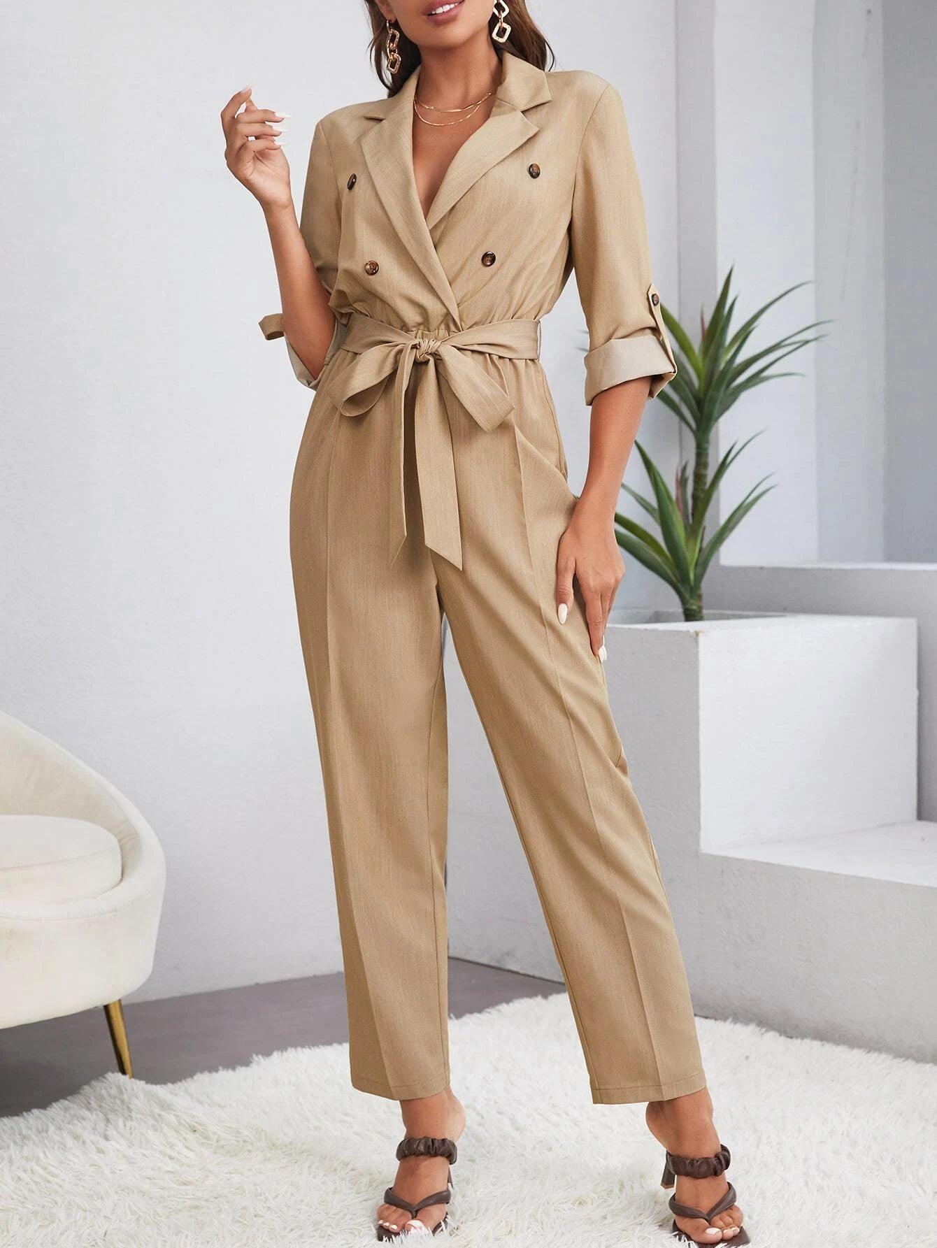Double Roll Tab Sleeve Belted Jumpsuit-Comfy Jumpsuits