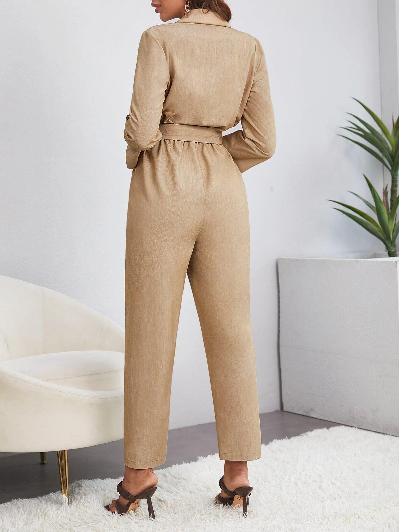 Double Roll Tab Sleeve Belted Jumpsuit-Comfy Jumpsuits