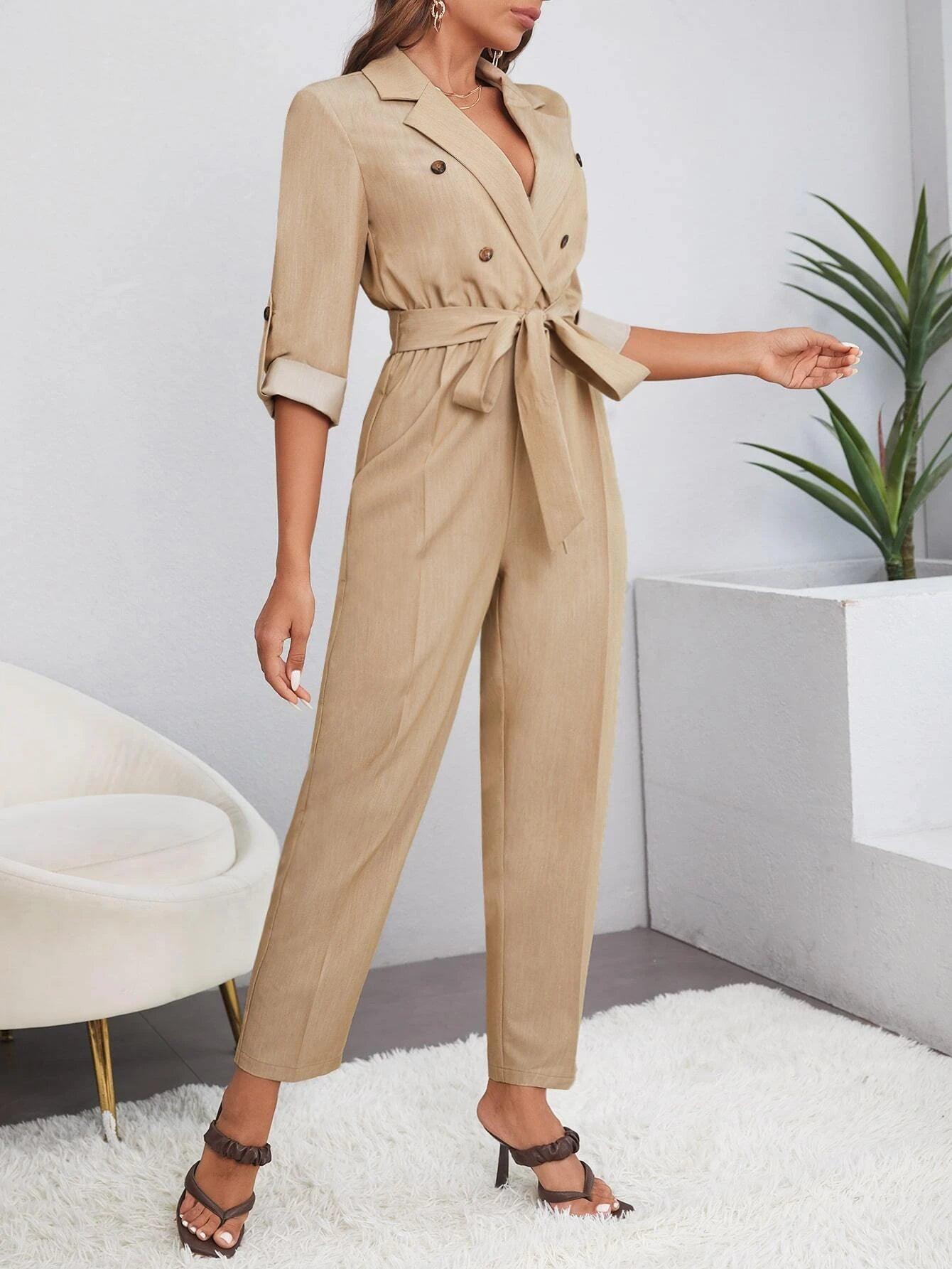 Double Roll Tab Sleeve Belted Jumpsuit-Comfy Jumpsuits