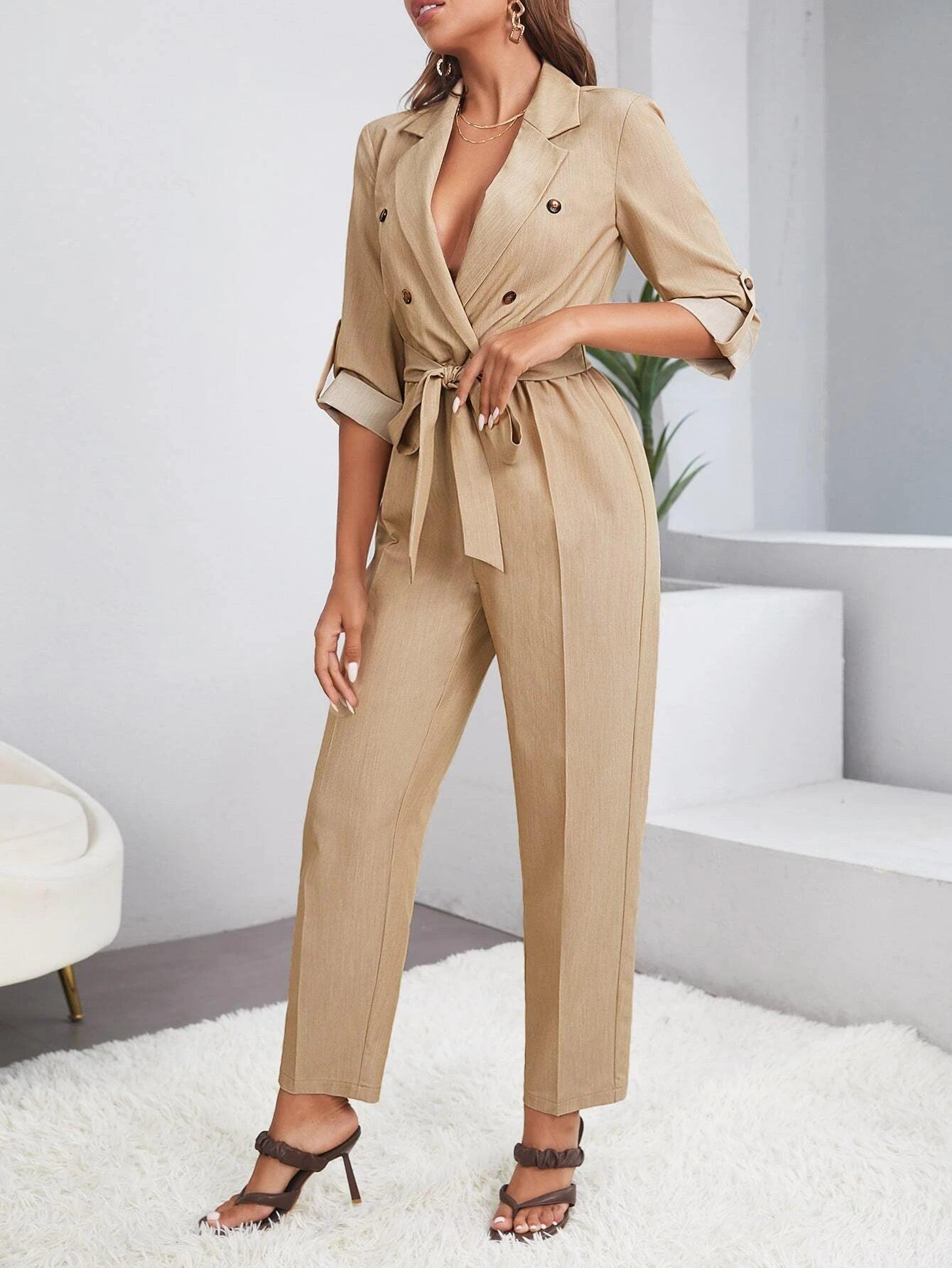 Double Roll Tab Sleeve Belted Jumpsuit-Comfy Jumpsuits