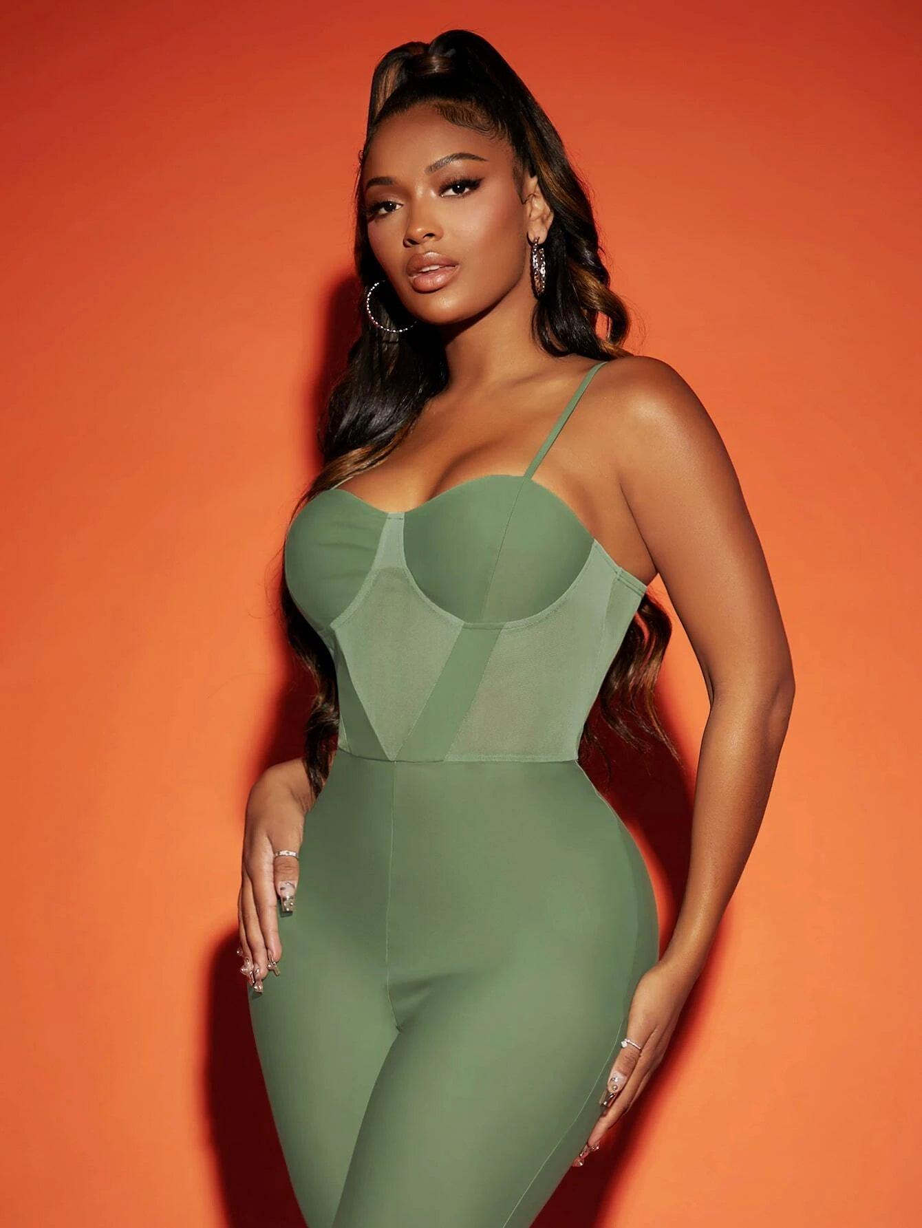 Sleeveless Contrast Mesh Jumpsuit-Comfy Jumpsuits