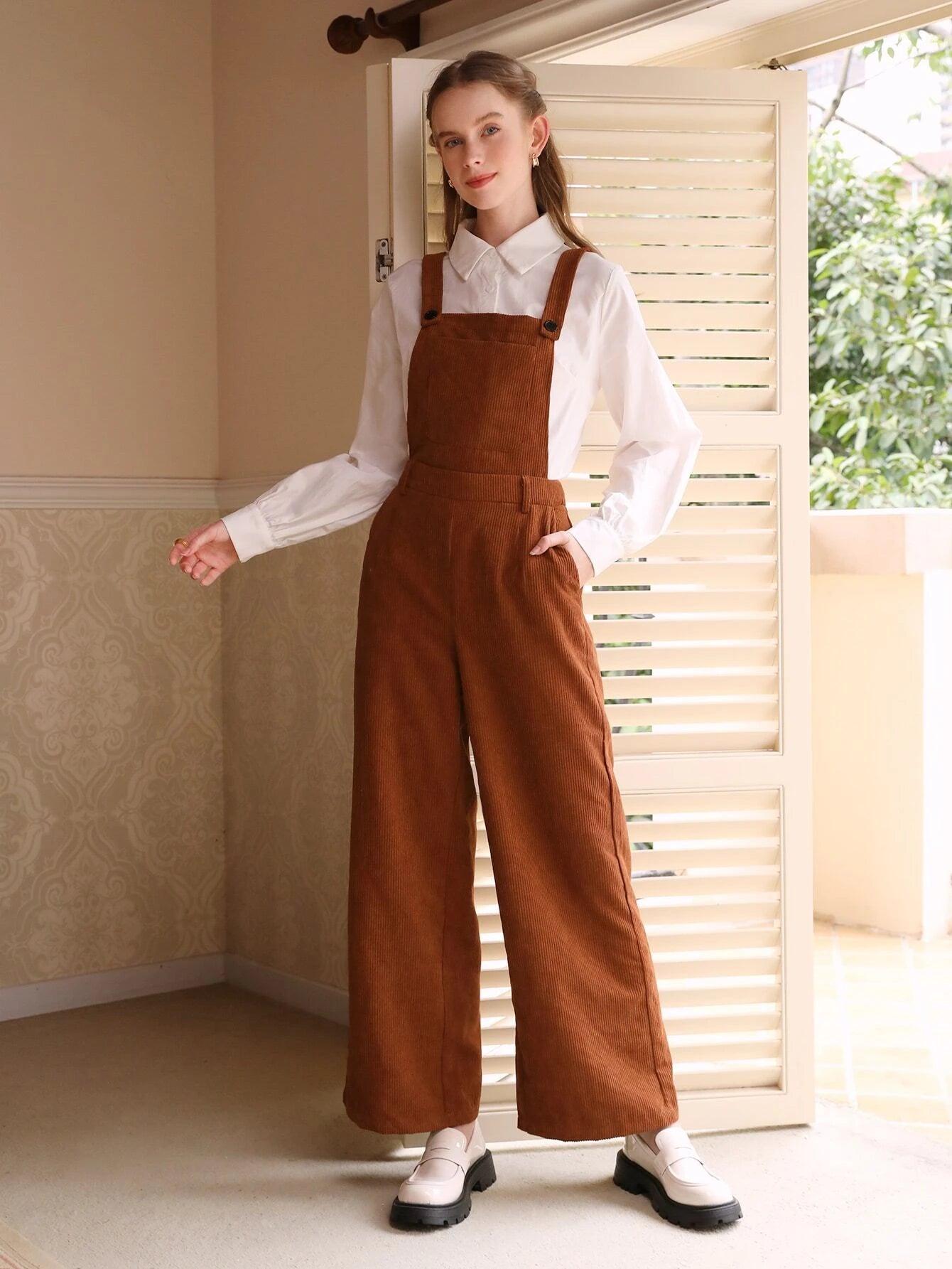 Solid Patched Pocket Overall Jumpsuit Without Blouse-Comfy Jumpsuits
