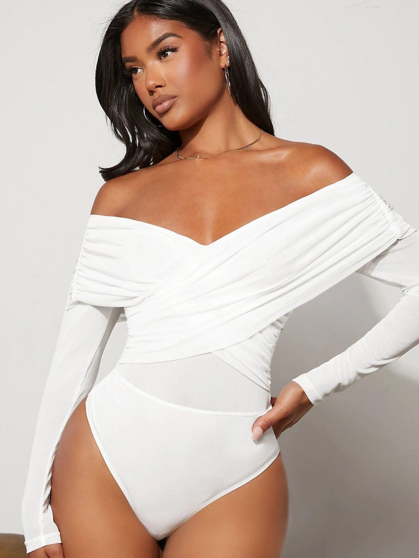 Off Shoulder Solid Colored Bodysuit-Comfy Jumpsuits