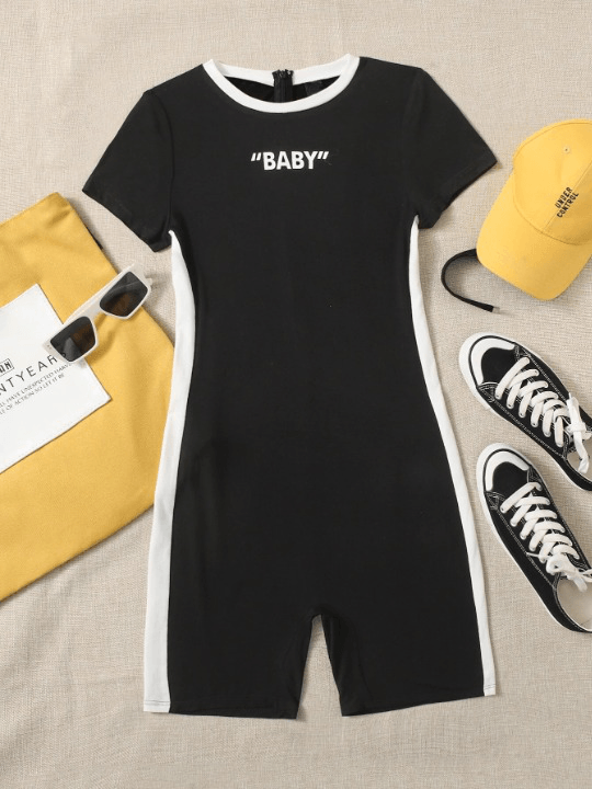 Letter Graphic Unitard Romper-Comfy Jumpsuits