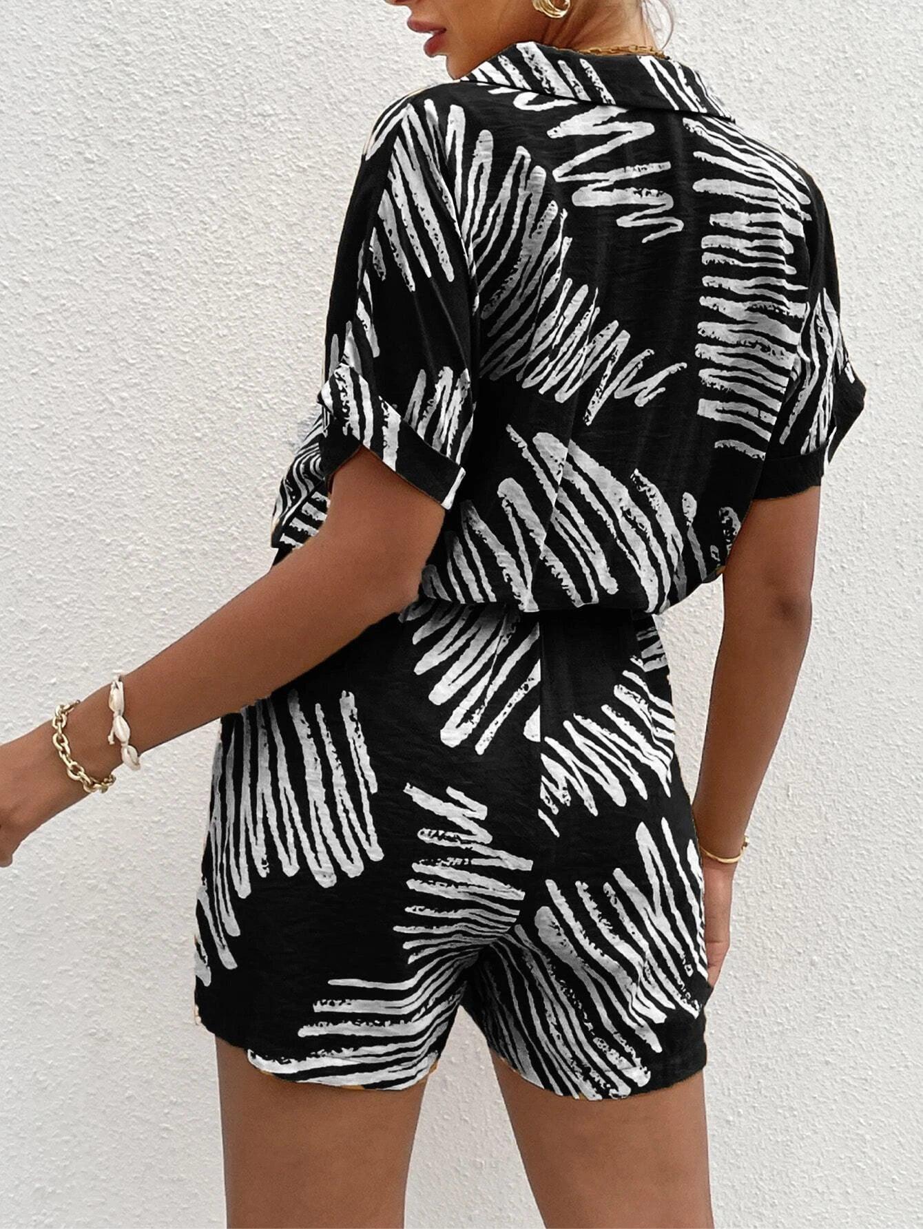 Short Sleeve Front Shirt Romper-Comfy Jumpsuits