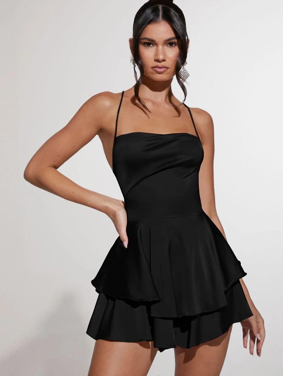 Cowl Neck Lace Up Backless Layered Satin Skort Romper-Comfy Jumpsuits