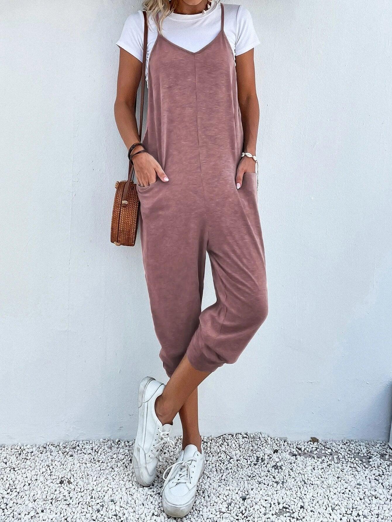 Dual Pocket Keyhole Back Cami Jumpsuit Without Tee-Comfy Jumpsuits