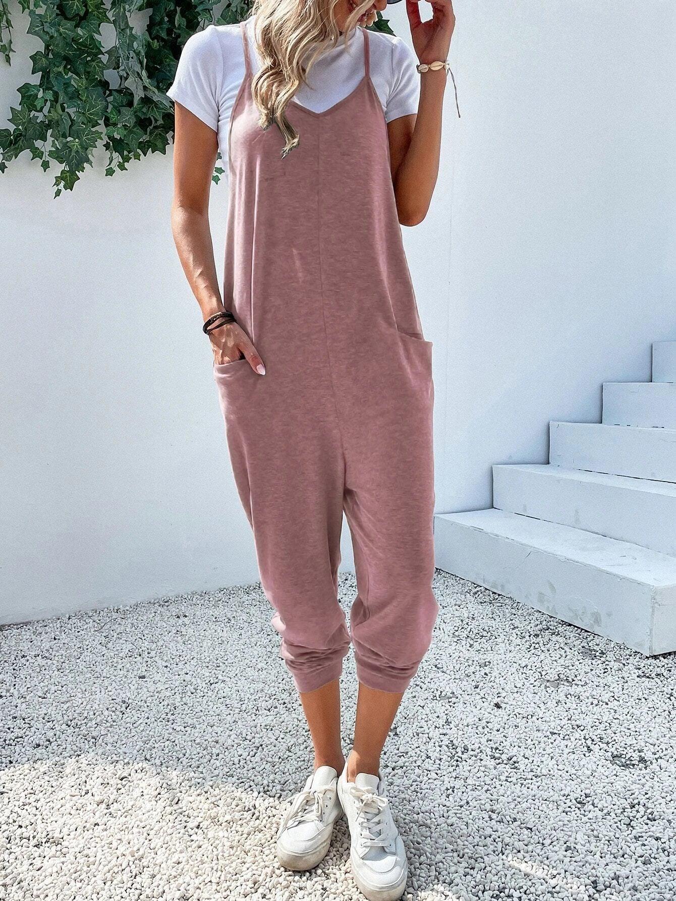 Dual Pocket Keyhole Back Cami Jumpsuit Without Tee-Comfy Jumpsuits