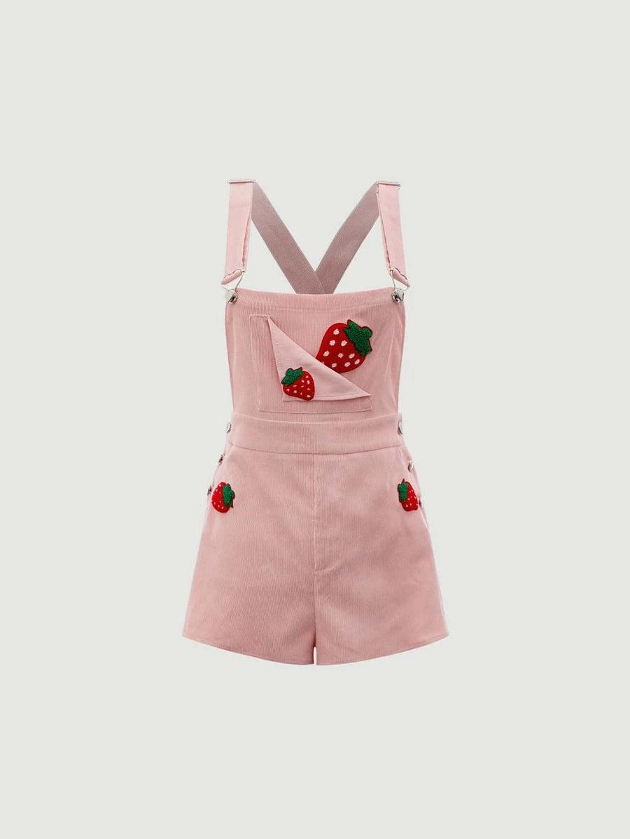 Strawberry Patched Crisscross Back Overall Romper-Comfy Jumpsuits