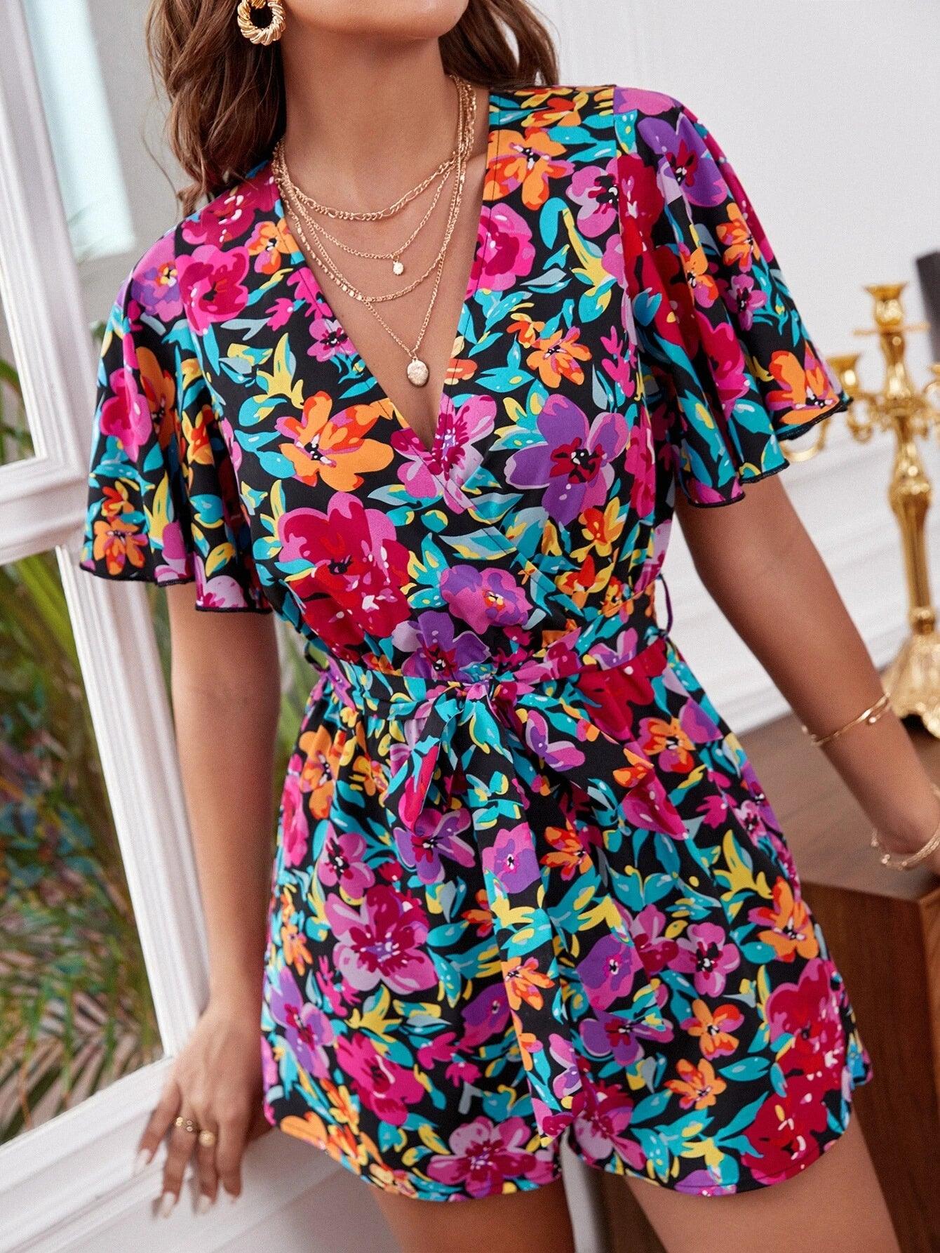 Floral Print Belted Flared Sleeve Romper-Comfy Jumpsuits