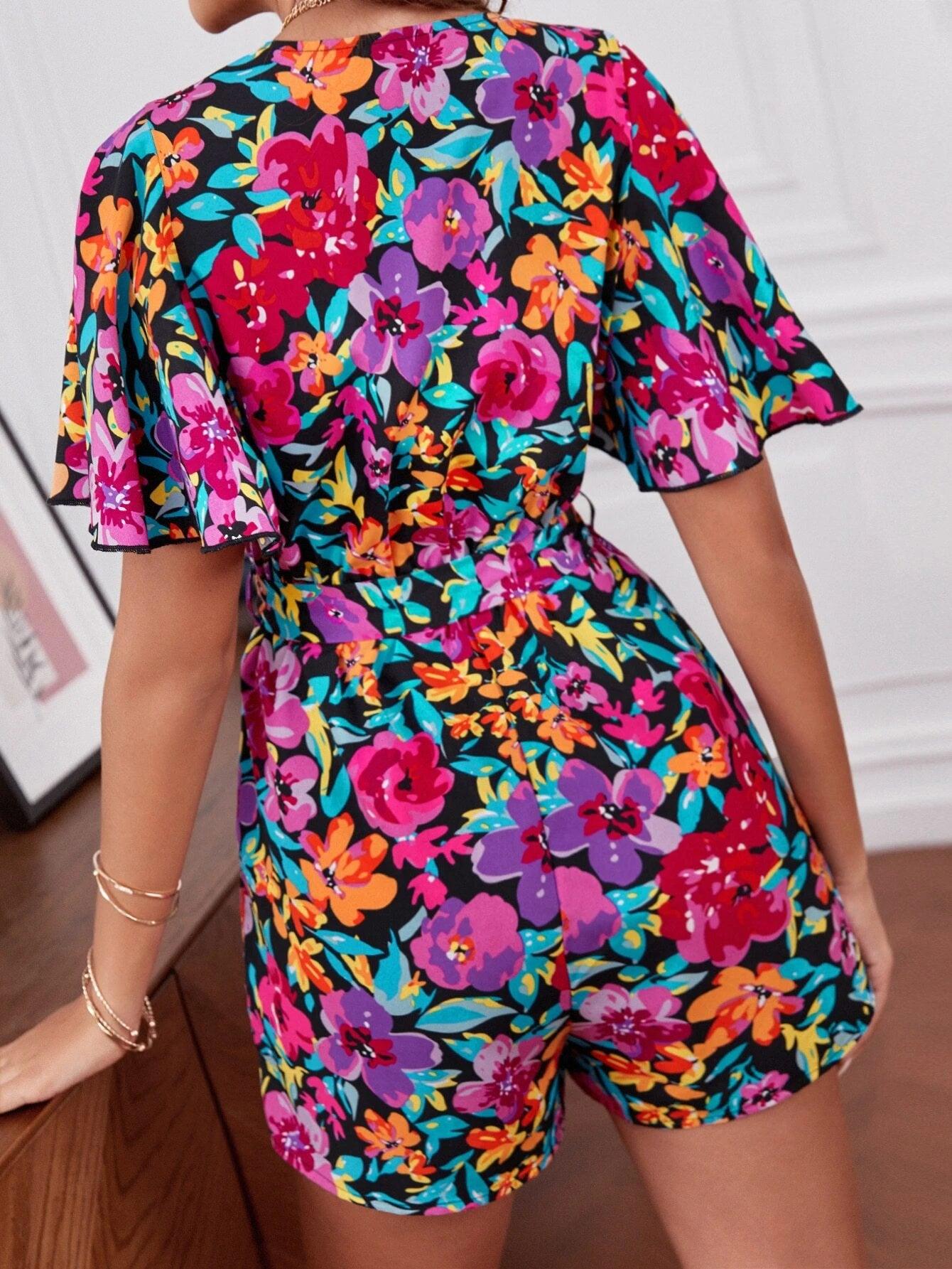 Floral Print Belted Flared Sleeve Romper-Comfy Jumpsuits