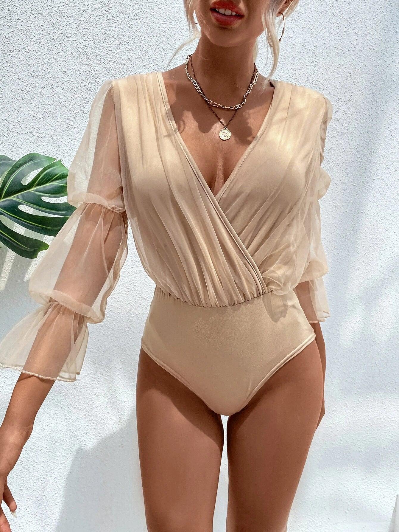 Mesh Gathered Sleeve Bodysuit-Comfy Jumpsuits