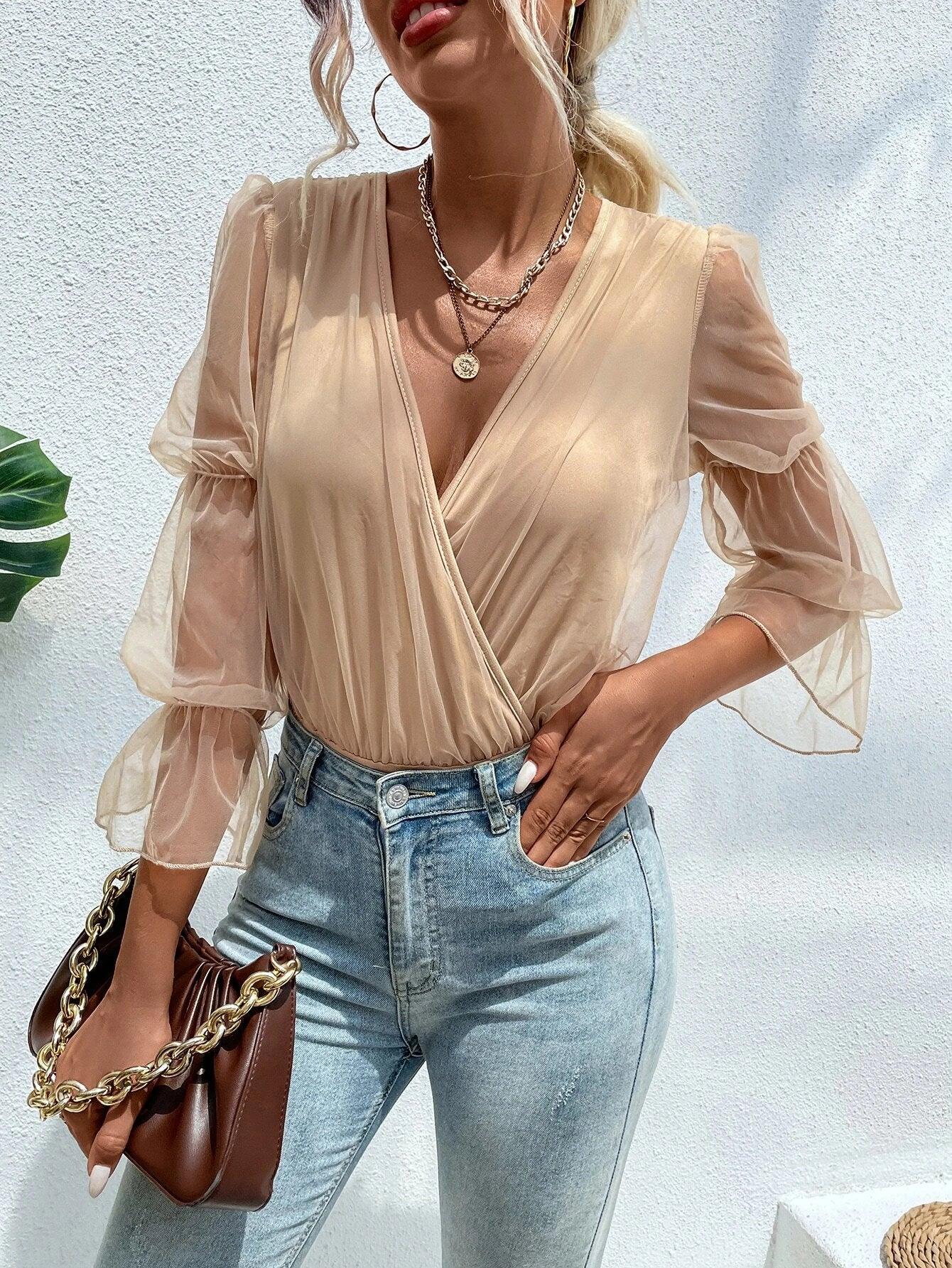 Mesh Gathered Sleeve Bodysuit-Comfy Jumpsuits